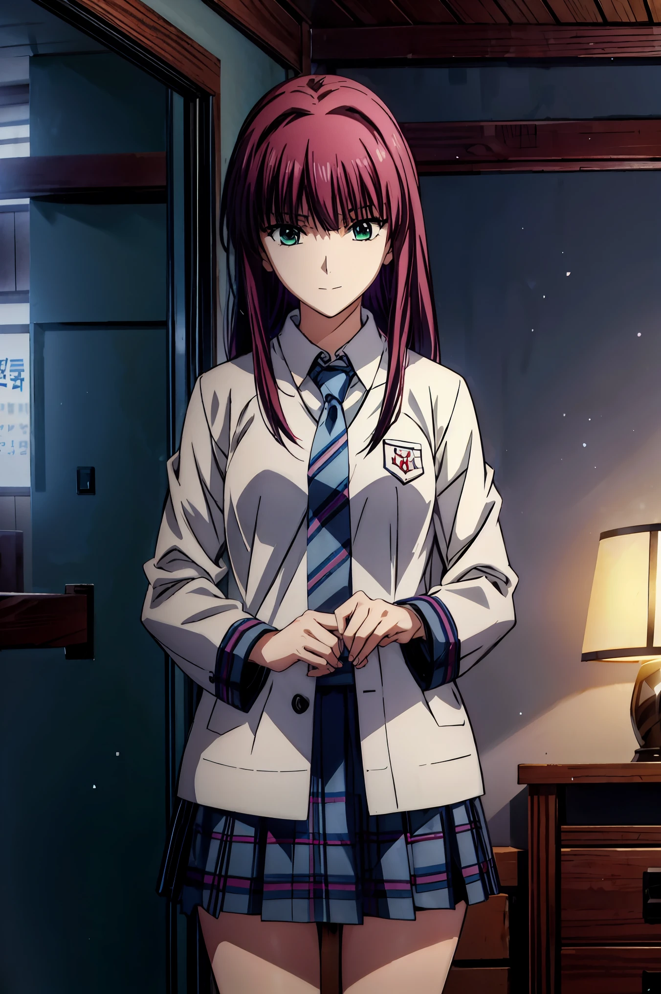 smile face, blazer uniform,赤 purple hair, green eyes , eyes like jewels, 超 high resolution, ((( green eyes))),赤 purple hair, beautifulアニメ高校の女の子,( masterpiece:1.2, 最 high quality ), ( exists, photo exists:1.4), beautifulイラスト, ( natural light , Movie Screenplay ), nsfw, watch viewers , COWBOY SHOOTING , Front view of the company :0.6, seat, Japanese, college student の女の子, perfect face, beautiful髪, beautiful顔, beautiful and amazing eyes, beautiful鎖骨, beautiful体, beautiful胸, beautiful太もも, beautiful足, beautiful指 , ((( navy jacket ), Light Blue Shirt , details beautiful DEL I'm CATE EYES FULL OF DEC I ON , Black Sox , blue tartan ribbon tie )), ( beautiful風景), evening , Riverside, walk, smooth animated CG art , 魅惑的な Anime Girl , MAKE A GIRL IN A LONG COAT , high resolution, very well detailedなイラスト, DARK BLUE PLEATED MINISKIRT VIBRATOR , RAW Photo , film grain , standing , U high resolution and 8K Connection , 長い赤 purple hairと green eyesをした Anime Girl , anime moe art style , 若い Anime Girl の接写, smooth animated CG art , beautifulアニメの college student の女の子, anime moe art style , シュールな college student の女の子, Anime Girl , 魅力的な Anime Girl , シュールな college student の女の子, GIRL WITH SHINY CLOTHING , high resolution, CG Details , high quality shadows, beautiful、delicate face、All the details , ディテール beautiful DELICATE EYES FULL OF DECISION,break( high resolution8Kの壁紙 ),(高度に CG Details 8kの壁紙),Makima ( Chainsaw Man ),Scathach ( Destiny / GRAND ORDER REQUIRED ),Reika Shimohira , high resolution, とても繊細で beautifulCGイラスト,最 high quality , exists Feeling , exists fabric, exists texture,((( debris flies))), (((最 high quality ))),8k,At 32k, masterpiece, beautiful and charming anime woman , supermarket, very well detailed, high resolution,シュールな college student の女の子, masterpiece, 最 high quality , high quality , Freshness , high quality texture, high quality shadow, high detail on the face, sex , seat, college student , alone,I, alone, alone, ADULT BIB , beautiful長い脚, beautiful胸, beautiful太もも, Tight legs , beautiful leg line , Slender Hips at an Unmanned Bar ,Mature body girl, Big breasts only , beautiful胸,reddish purple hair, purple hair, BLACK CURRANT HAIR , charming Anime Girl , colorful hair, straight hair ,shy smile,幸せそうなsmile, Brilliant appearance ,cute smile,Cool Beauty, beautiful女性, handsome face , beautiful写実性, attractive figure , 魅惑的な顔 , Calm expression , beautiful髪,smile, colorful eyes , green eyes,Jade Eyes, beautiful目,bright eyes, DELICATE EYES FULL OF DECISION, Jewel Eyes ,Jade Eyes,( green eyes:1.5), attractive face ,8 heads,:: 174cm,彼女は首に necklace 身に着けています, necklace ,beaded necklace ,Magatama Accessories,smile,