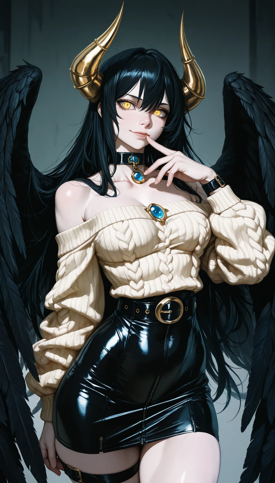 An anime character with demonic and seductive appearance , con BLACK WINGS, Long and dark flowing hair, shining golden eyes, and curved horns like those of a ram . has pale skin , a mischievous smile and a playful and mysterious expression , holding a finger on his lips as if he were silencing someone. Ella usa un dress blanco con detalles intrincados y acentos dorados, along with a blue gem on her chest . The scene is dramatically illuminated ., with soft shadows that enhance her sharp features , as the background fades into the dark , adding an enigmatic and magical touch . The style is a mix of anime fantasy with intricate details , Capturing an intense portrait , close and dynamic , beautiful woman,old clothes,Peasant, natural breasts , medium breasts, ( narrow waist, perfect body curves ), sharp focus, (tall body, mujer adulta), (high-definition skin, skin pores:1.4), bare shoulders, belt, BLACK WINGS, collarbone, dress, Wings with feathers, Long Sleeves Leather, low alas, collar, bare shoulders, sweater con bare shoulders, sweater, dress sweater, thigh strap, sweater blanco, alas, wrist strap, thighs,