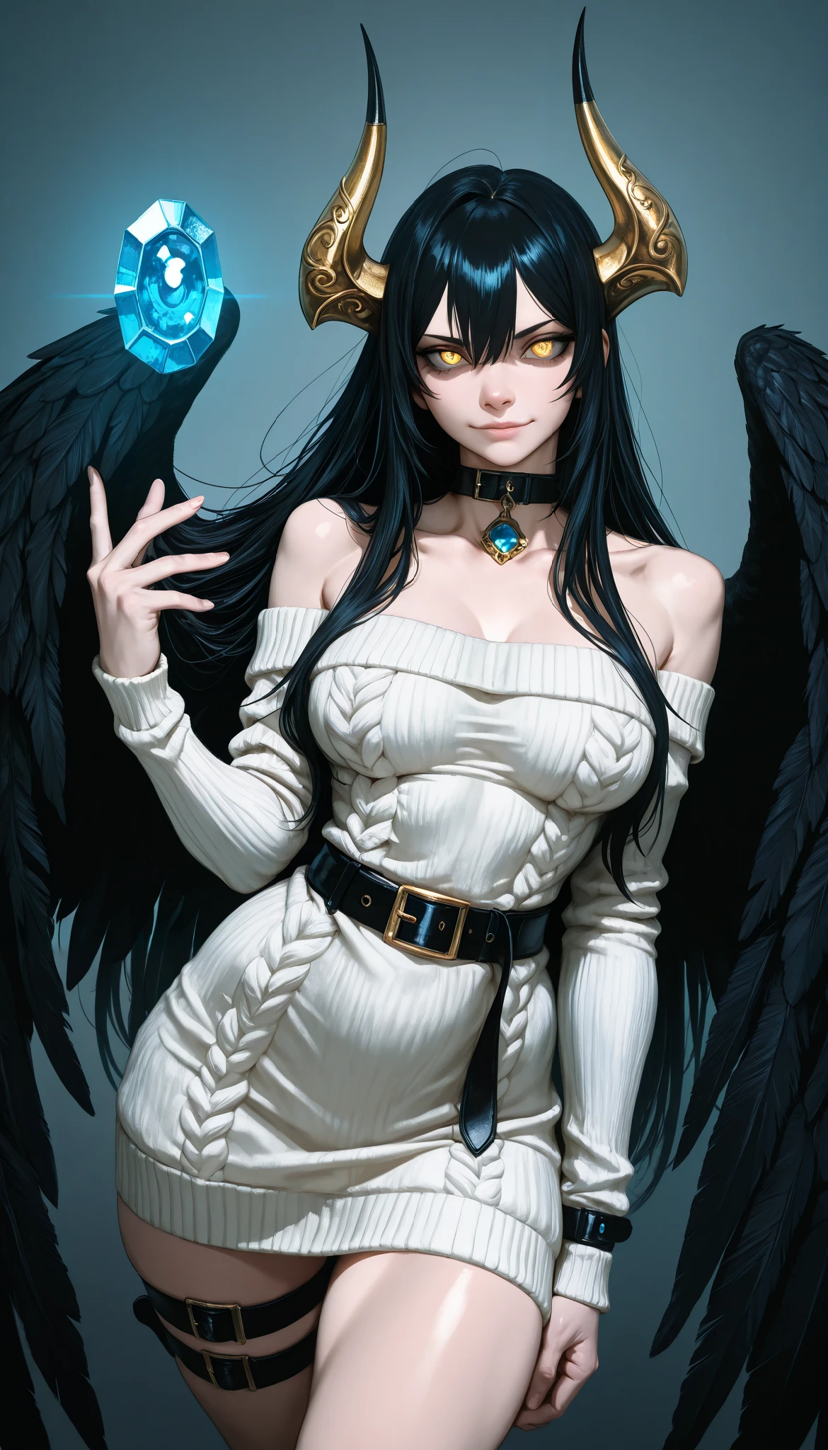 An anime character with demonic and seductive appearance , con BLACK WINGS, Long and dark flowing hair, shining golden eyes, and curved horns like those of a ram . has pale skin , a mischievous smile and a playful and mysterious expression , holding a finger on his lips as if he were silencing someone. Ella usa un dress blanco con detalles intrincados y acentos dorados, along with a blue gem on her chest . The scene is dramatically illuminated ., with soft shadows that enhance her sharp features , as the background fades into the dark , adding an enigmatic and magical touch . The style is a mix of anime fantasy with intricate details , Capturing an intense portrait , close and dynamic , beautiful woman,old clothes,Peasant, natural breasts , medium breasts, ( narrow waist, perfect body curves ), sharp focus, (tall body, mujer adulta), (high-definition skin, skin pores:1.4), bare shoulders, belt, BLACK WINGS, collarbone, dress, Wings with feathers, Long Sleeves Leather, low alas, collar, bare shoulders, sweater con bare shoulders, sweater, dress sweater, thigh strap, sweater blanco, alas, wrist strap, thighs,