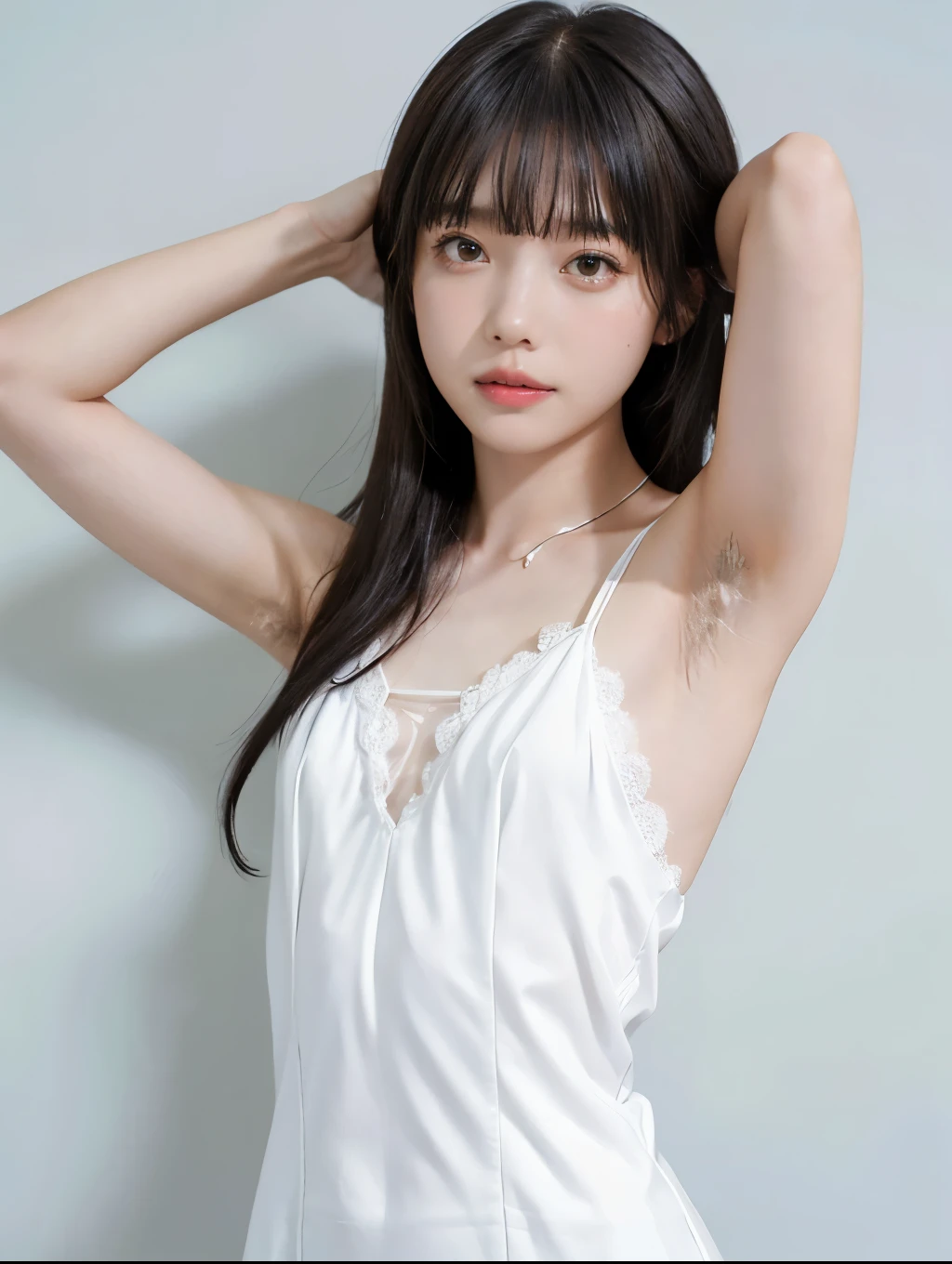 1girl, portrait, (Japanese girl, hands behind head, hairy armpit exposed), (hairy armpits, armpit hair:1.4), ((white camisole dress, lace)), skinny body, (flat chest:1.3), shiny pale skin:1.2, (glossy cod lips:1.3, look of confusion:1.3, blush, parted lips), white wall, studio lighting, looking at viewer, Realistic, (real picture, Intricate details), natural skin texture:1.5