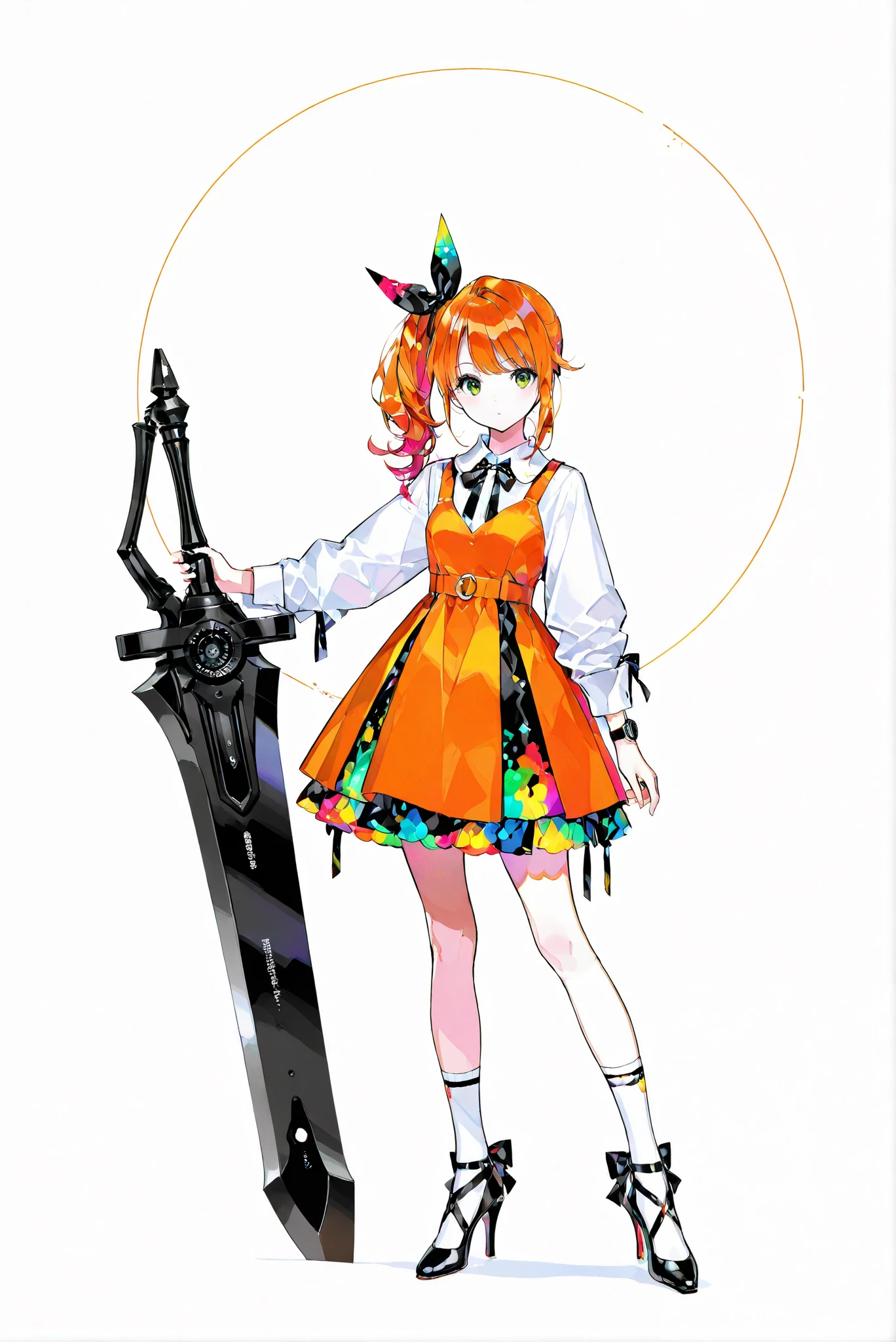 ( white background, stands,whole body, high heels, front view,Standing picture:1.7),HoleHeels,oval/Circle/Thorn/Horn Heels,,limited color palette,Colorful, vivid colors ,black light ,watch, Masterpiece, very beautiful, 1girl ,orange hair,green eyes,long hair,bow,side ponytail,bangs,hair bow,dress,shirt,long sleeves,ribbon,white shirt,hair,ribbon,orange dress,ponytail,socks,white socks,
,huge weapon,holding sword,