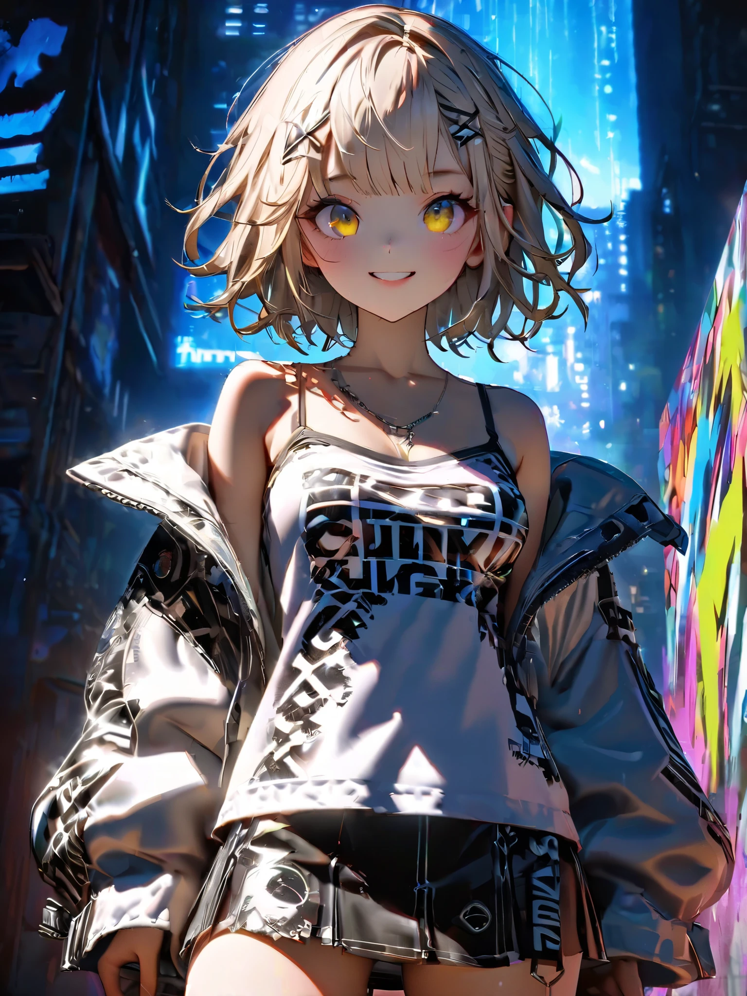Anime girl in a short skirt and jacket standing in front of a graffiti ...