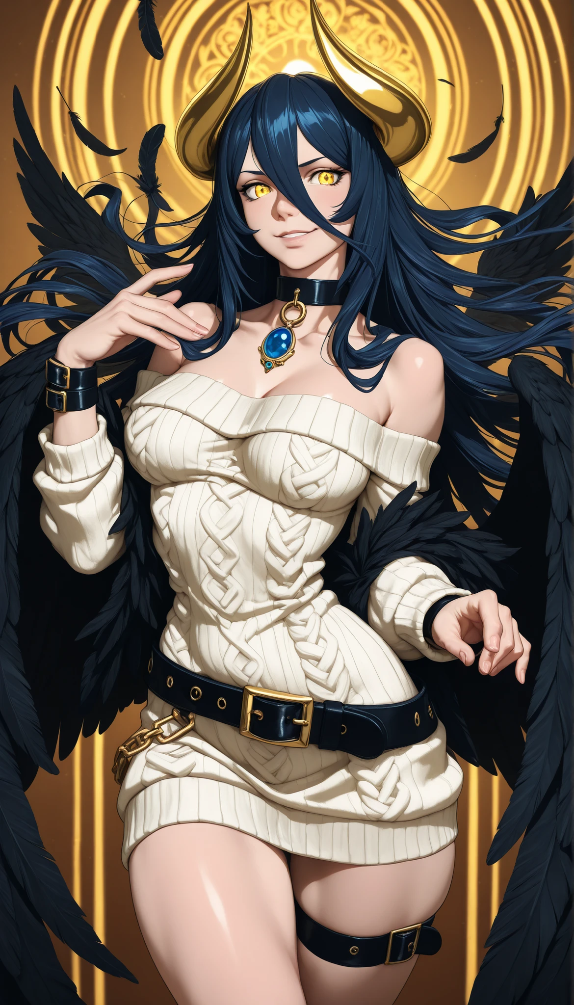  An anime character with demonic and seductive appearance , con BLACK WINGS, Long and dark flowing hair,  shining golden eyes,  and curved horns like those of a ram .  has pale skin ,  a mischievous smile and a playful and mysterious expression ,  holding a finger on his lips as if he were silencing someone. Ella usa un dress blanco con detalles intrincados y acentos dorados,  along with a blue gem on her chest .  The scene is dramatically illuminated .,  with soft shadows that enhance her sharp features ,  as the background fades into the dark ,  adding an enigmatic and magical touch .  The style is a mix of anime fantasy with intricate details ,  Capturing an intense portrait , close and dynamic ,  beautiful woman,old clothes,Peasant,  natural breasts ,  medium breasts, ( narrow waist,  perfect body curves ),  sharp focus, (tall body, mujer adulta), (high-definition skin,  skin pores:1.4), bare shoulders,  belt, BLACK WINGS,  collarbone, dress, Wings with feathers,  Long Sleeves Leather, low alas, collar,  bare shoulders, sweater con  bare shoulders, sweater, dress sweater, thigh strap, sweater blanco, alas, wrist strap,  thighs,