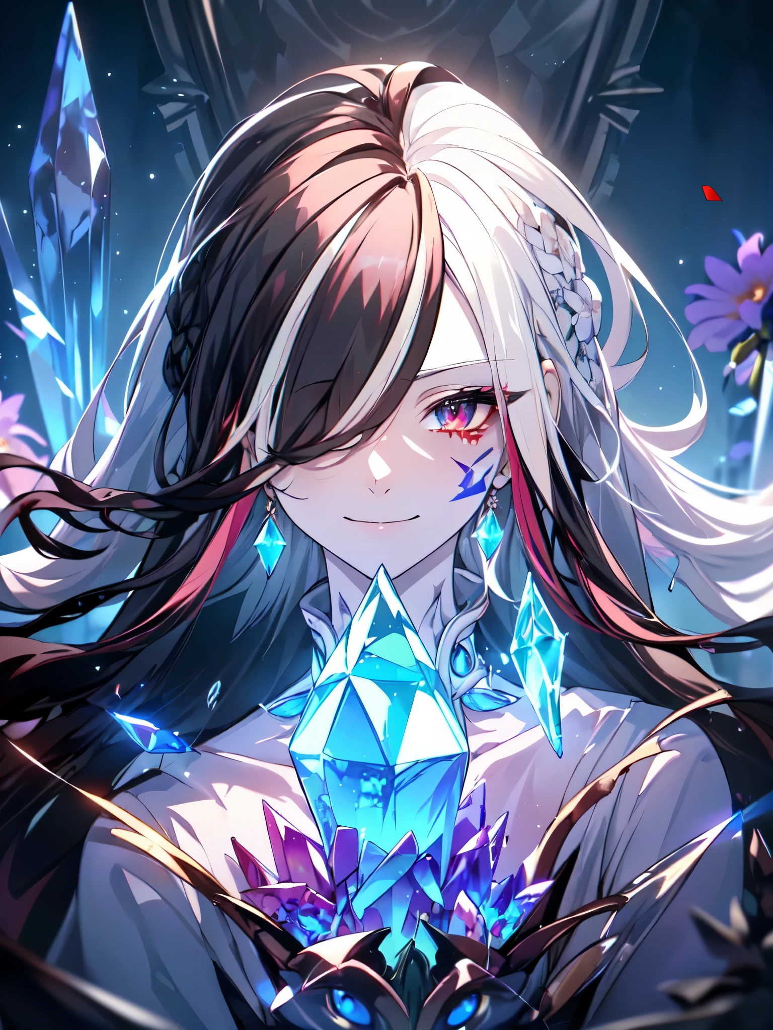 masterpiece, best quality, (anime character, anime, detailed anime, video game art, extremely detailed CG unity 8k wallpaper), (best quality), (best illustration), (best shadow), absurdres, realistic lighting, (Abyss), dynamic pose, dynamic, (fcPortrait, (close up shot:1.1), upper body shot:1.14), angled shot, (solo, 1girl:1.44), normal, (Flower over eye, manjusaku, flower:1.95), camellya, (((white hair, black hair:1.44), brown hair:1.2), pink hair, four tone hair, multicolored hair, hair over one eye, very long hair:1.4), ethereal, aesthetic, ((fragmented glass:1.44), (shattered crystals:1.8), glowing:0.74), (water:0.77), (tired, sickly, weakness:1.1), ((smile:1.44), restrained anger:1.22), tsurime, spiritual wounds, burning, flames, fallen nobility, crumbling crystals, darkness, corruption, bodily marks, (glowing marks, crystal flowers, glowing crystals, crystal skin:1.16)