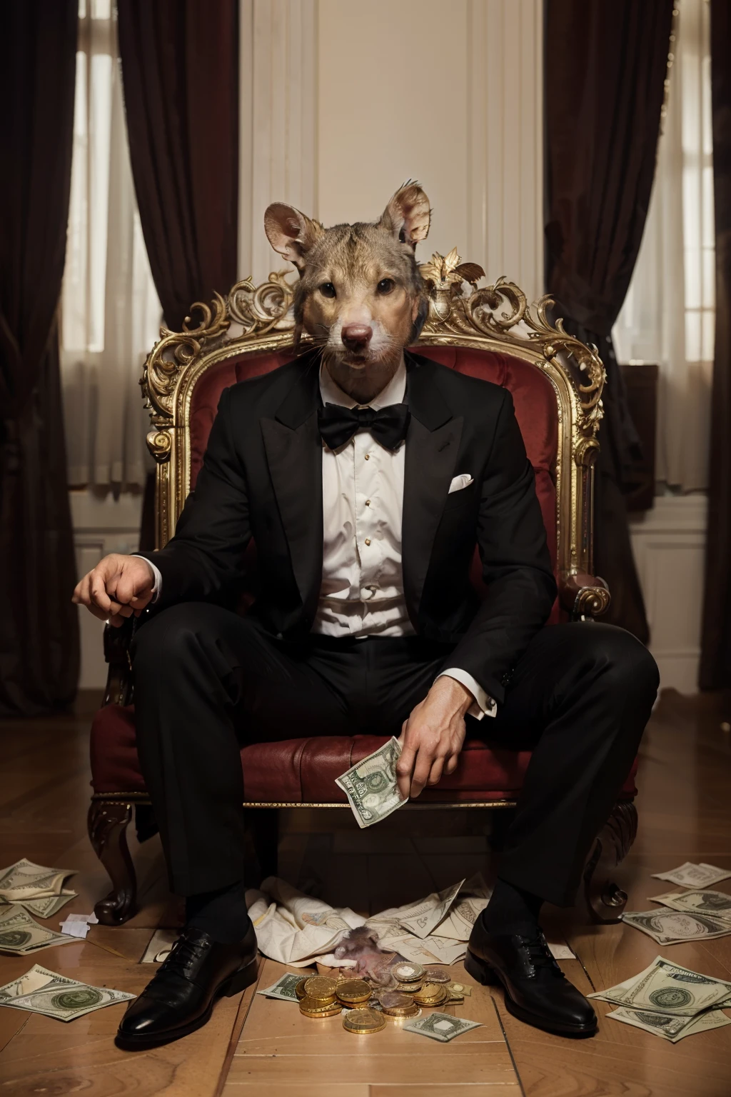 little cute hippopotamus, wearing a jacket, holding money, sitting on a royal chair
