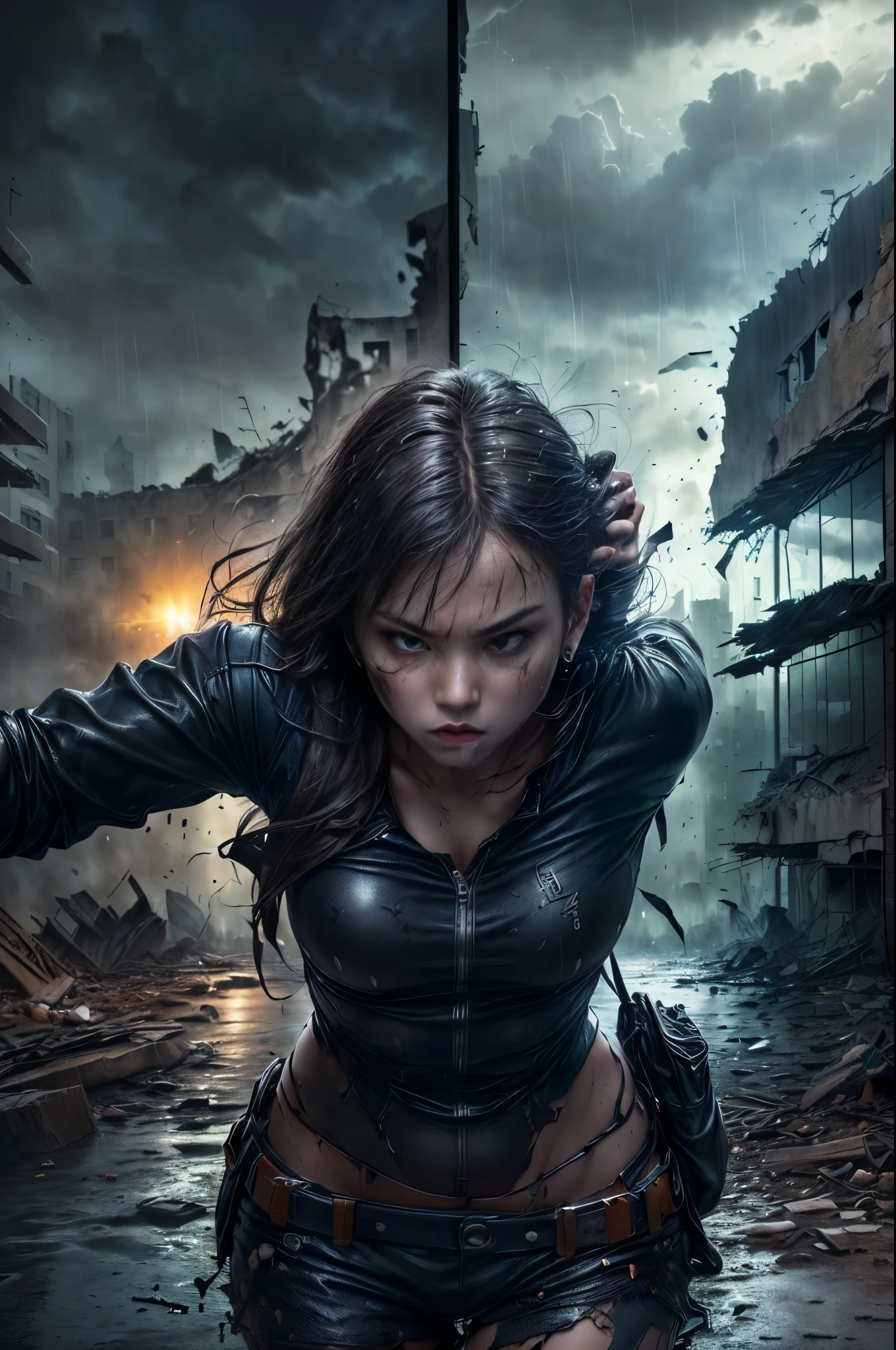 (( motion blur :1.7)), ( photo realism , 8k, RAW photo , premium quality, masterpiece , epic lighting , center image ), ( long shot , full body : 1.4), ((1 falling building , debris , kabur gerakan karena debris jatuh, post-apocalyptic style :1.6)),(( warrior , perfect face and body detail , rain environment , bad lighting due to rain , face and body wet due to rain , flash exposure, dynamic pose action with speed effect : 1.3, hair exquisite detail, Leather clothing : 1.5 )), (( in apocalyptic city , collapsed buildings, steel beams everywhere : 1.4)). 32K.