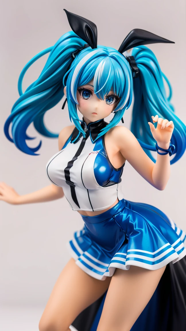 (((Skating rink:1.3)))、sexy woman、(Woman with blue hair)、straight hair woman、((Beautiful busty woman:1.3))、figure skater、 (A woman wearing a long-sleeved figure skating leotard with a blue frilly skirt)、((Leotard with floral pattern:1.2))、nice sexy body、one woman、Woman with a big smile、Skate boots