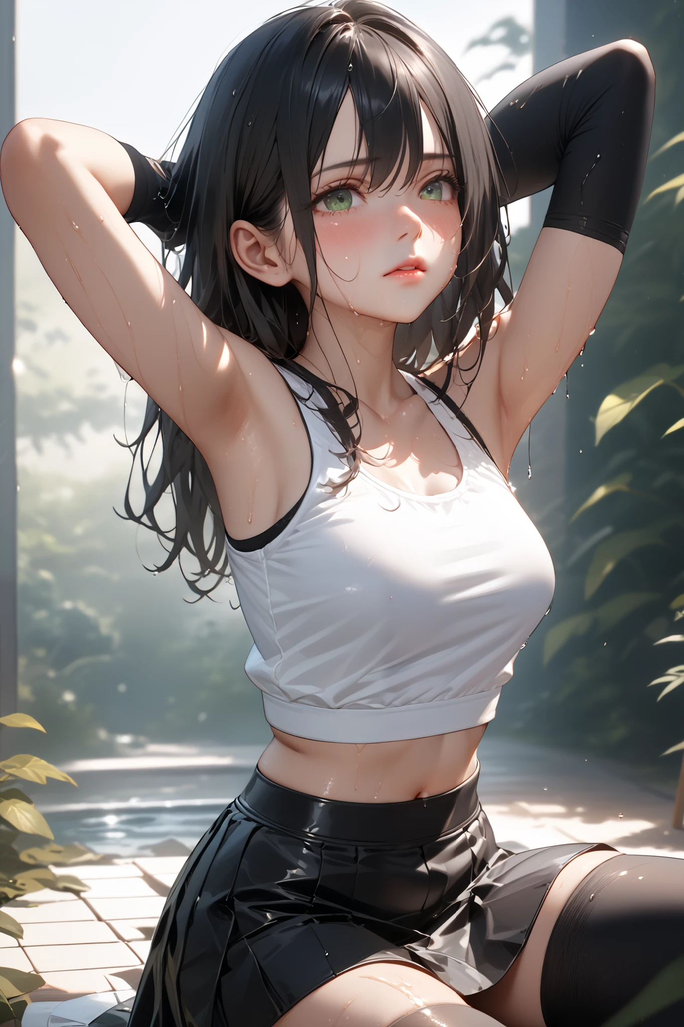 1female,3 years old,Small loli,bit girl,smallunderboob,Pornographic exposure, 独奏,(Background with:bamboo forrest,basketball playground) She has very short black hair,standing on your feet,Sweat profusely,drenched all over the body,seen from the front, hair straight, mostly cloudy sky,(((tmasterpiece),(Very detailed CG unity 8K wallpaper),best qualtiy,cinmatic lighting,detailed back ground,beatiful detailed eyes,Bright pupils,(Very fine and beautiful),(Beautiful and detailed eye description),Black eyes,Redlip,ultra - detailed,tmasterpiece,)),facing at camera,(The upper part of the body),A high resolution,ultra - detailed),revealing breasts,Bare genitalia, Bulge,legs are open,sexyposture,Camel toes,Flushed complexion,ssmile,frontage,cropped shoulders,elementary student,(Wearing:Sportswear set,athletic sneakers)