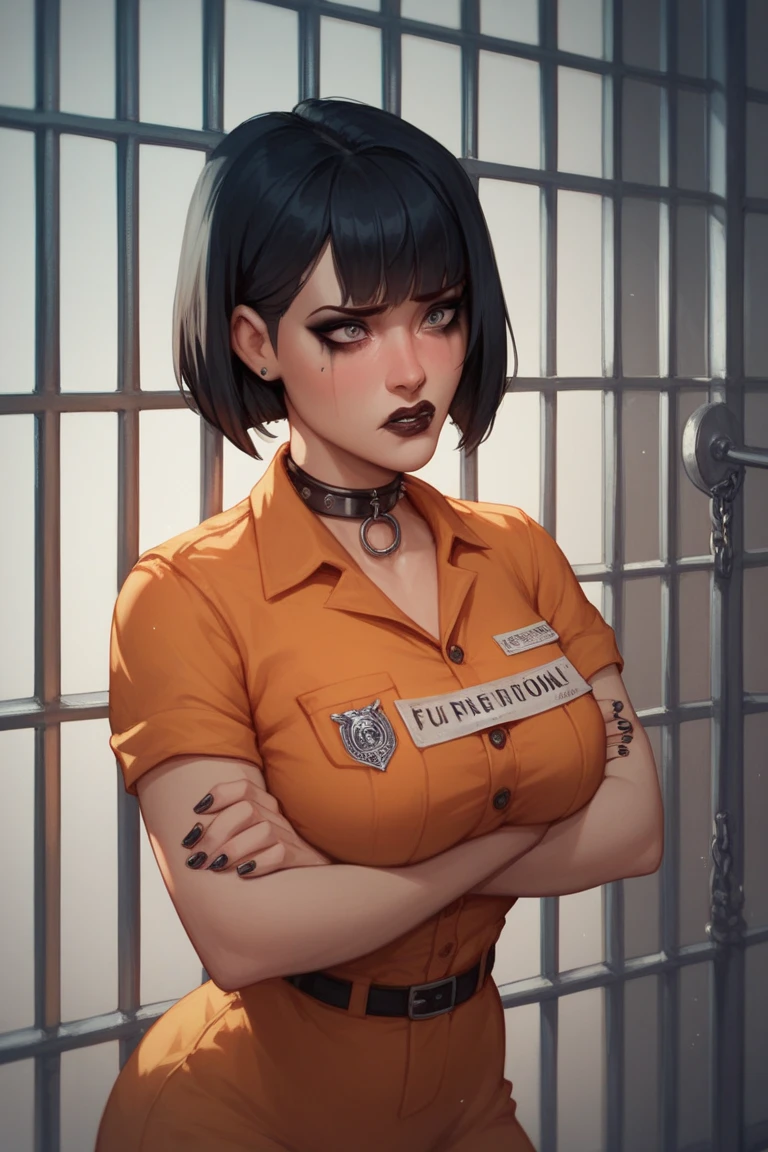 goth girl. goth make up, bob hair cut, bangs, inside a cell, in jail, nervous, orange prison uniform, 3d, cleavage,