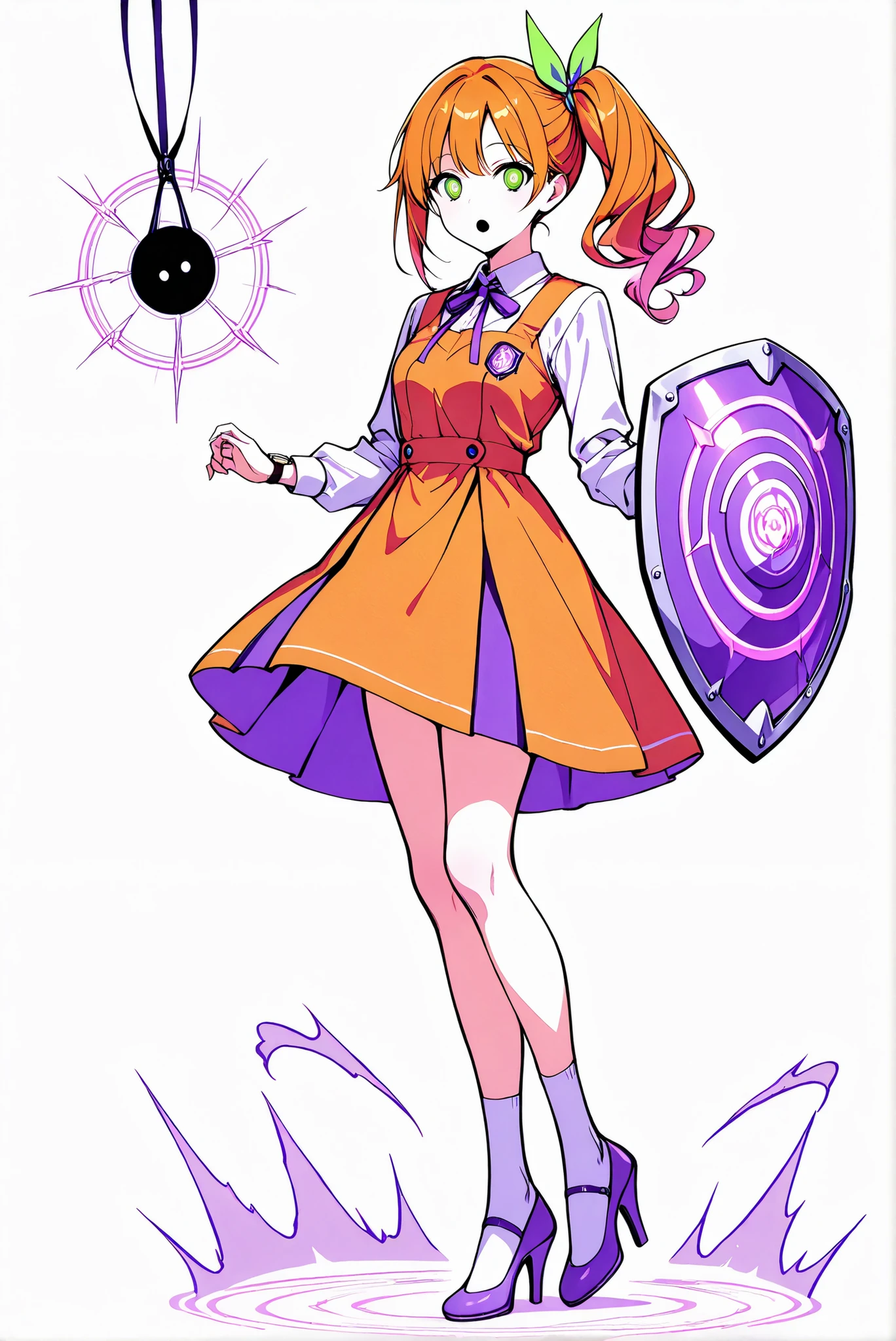 white background, stands,whole body, high heels, front view,Standing picture:1.7),HoleHeels,oval/Circle/Thorn/Horn Heels,,limited color palette,Colorful, vivid colors ,black light ,watch, Masterpiece, very beautiful, 1girl ,orange hair,green eyes,long hair,bow,side ponytail,bangs,hair bow,dress,shirt,long sleeves,ribbon,white shirt,hair,ribbon,orange dress,ponytail,socks,white socks,,(Hypnosis, reins), ,( Rotating Eyes ,Purple Eye, hollow eyes , reins :1.3,Hypnosis,Hollow-like ,fall,fallen into evil,),, (Buckler), ((big shield)), ((Spiral pattern shield)), Spiral shield \(Swirling bar\), big shield covering body, ((Hidden behind the shield)), Defense shield, Spinning circle, Purple shield @_@, ((White spiral)),
