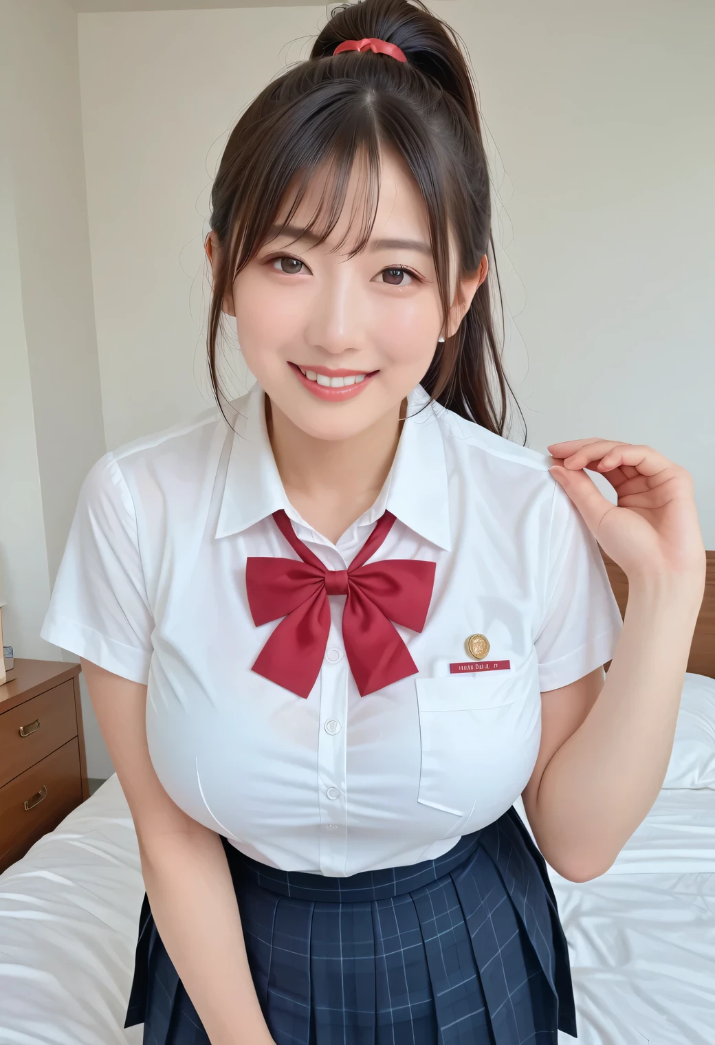 Genuine, nsfw, high resolution images , Masterpiece, top quality , high quality , very detailed, More Information, sharp details, sharp concentration, professional light leaning forward , alone, 1 girl, Mature Japanese Woman ,20 years old, Up to , (( black hair, high ponytail)), (( sunburned skin :1.3)),active, boyish woman , glamour, clear, small head, Small face,beautiful detailed face, (smile) ,(( school uniform, red ribbon,miniskirt)), ((Big Breasts:1.4)), front view, Viewer, perfect hand, Perfect Anatomy,(( standing in front of the bed))