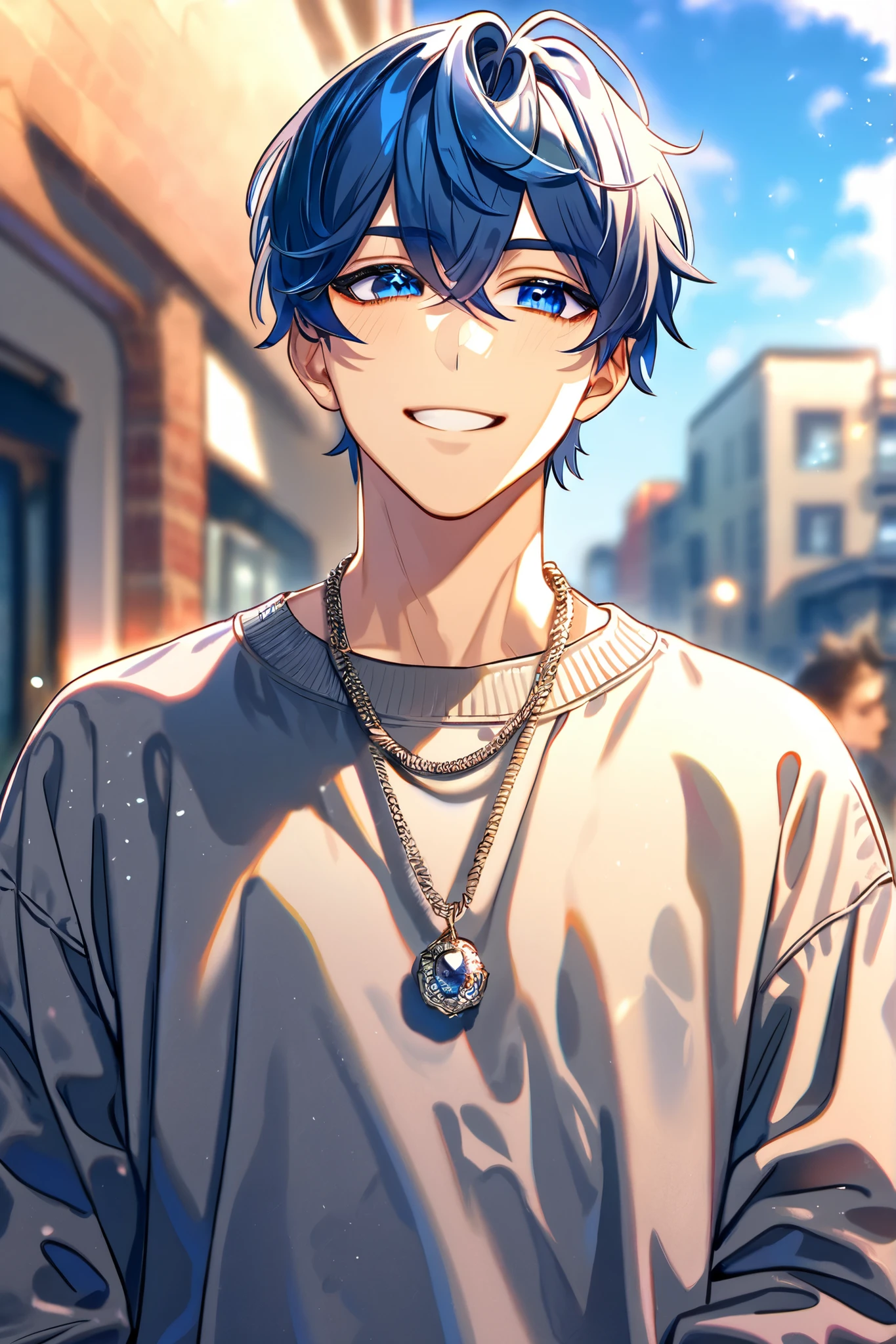 Anime boy with blue hair and glasses standing in a street - SeaArt AI