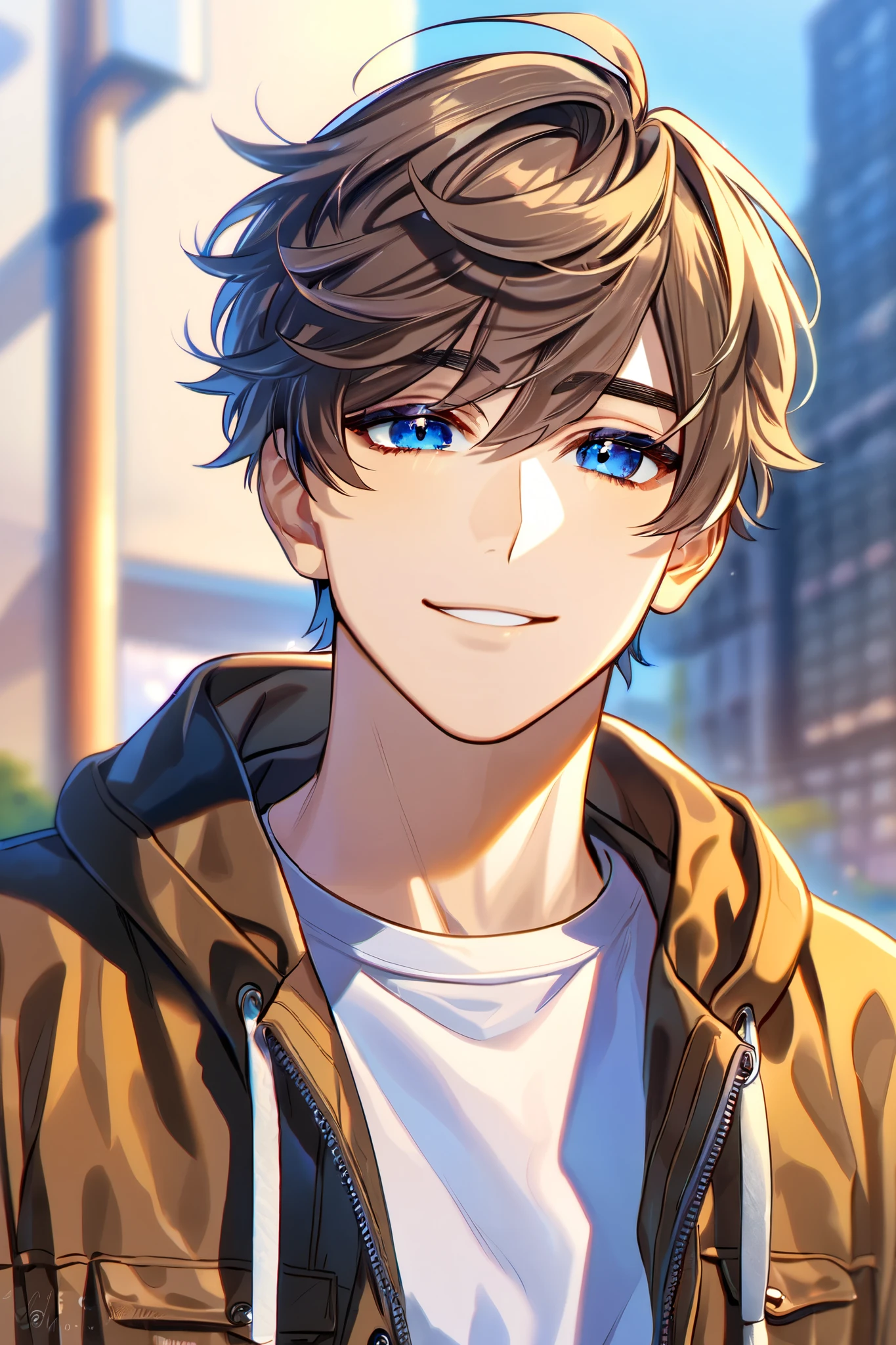 Anime boy with blue eyes and brown jacket in city - SeaArt AI