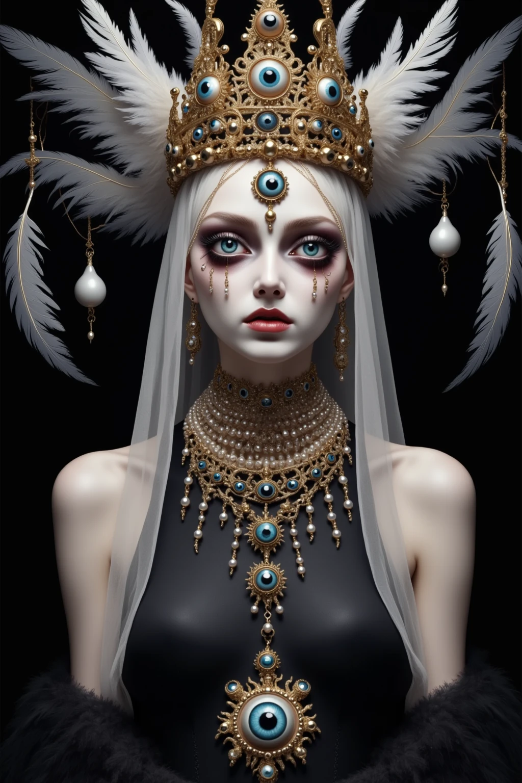 (masterpiece, best quality:1.2),Grotesque Aesthetics:1.56,Thriller, Ugly faceless person,There are many eyeballs growing on the skin of the face,teeth, Solitary,black background,crown,White headscarf,hand,Pearl Necklace,White feather clothing