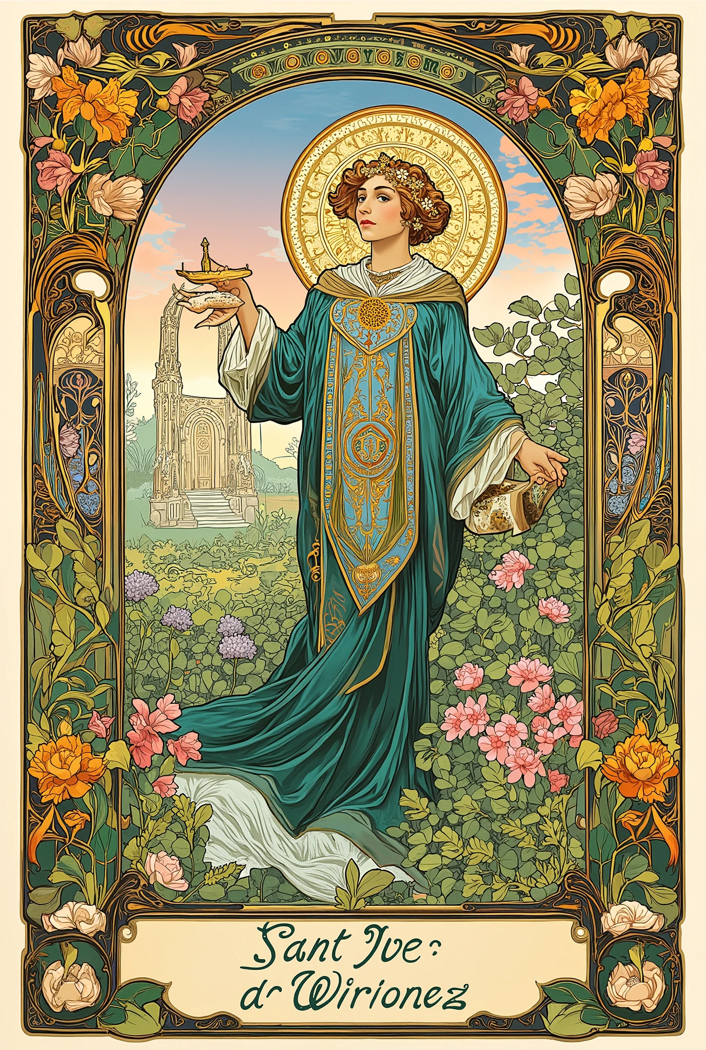 Create an Art Nouveau-style illustration of Saint-Yves-de-Vérité, the Breton saint associated with divine justice and ancient rituals. Depict him in a graceful, flowing pose, wearing an ornate ecclesiastical robe in deep shades of blue or green, embellished with intricate floral patterns and gold accents. In his right hand, he holds a beautifully designed set of scales, symbolizing justice, while in his left hand, he carries an elegantly illustrated scroll or book, representing law and truth.
Surround Saint Yves with a lush floral border featuring native Breton flowers like heather and ferns, intertwined with elegant curves and swirls typical of the Art Nouveau movement. Incorporate soft pastel colors alongside rich jewel tones to create a harmonious and enchanting atmosphere.
In the background, subtly include elements of a ruined Breton chapel, rendered in a stylized manner that complements the overall design. At the bottom of the card, inscribe 'Sant Ivo ar Wirionez' (Saint Yves of Truth in Breton) in flowing, decorative lettering that matches the Art Nouveau aesthetic.