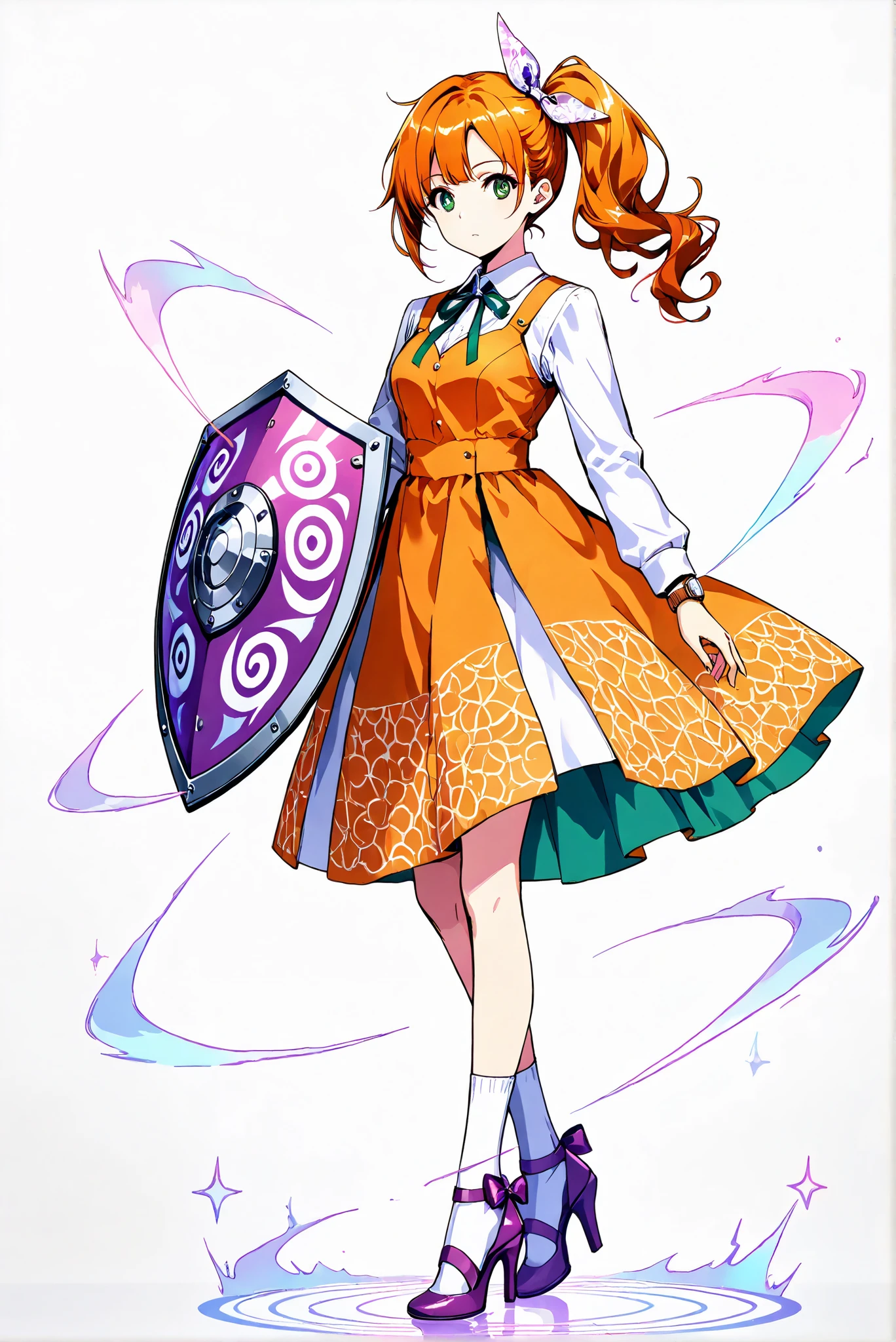 white background, stands,whole body, high heels, front view,Standing picture:1.7),HoleHeels,oval/Circle/Thorn/Horn Heels,,limited color palette,Colorful, vivid colors ,black light ,watch, Masterpiece, very beautiful, 1girl ,orange hair,green eyes,long hair,bow,side ponytail,bangs,hair bow,dress,shirt,long sleeves,ribbon,white shirt,hair,ribbon,orange dress,ponytail,socks,white socks,, (Buckler), ((big shield)), ((Spiral pattern shield)), Spiral shield \(Swirling bar\), big shield covering body, ((Hidden behind the shield)), Defense shield, Spinning circle, Purple shield @_@, ((White spiral)),