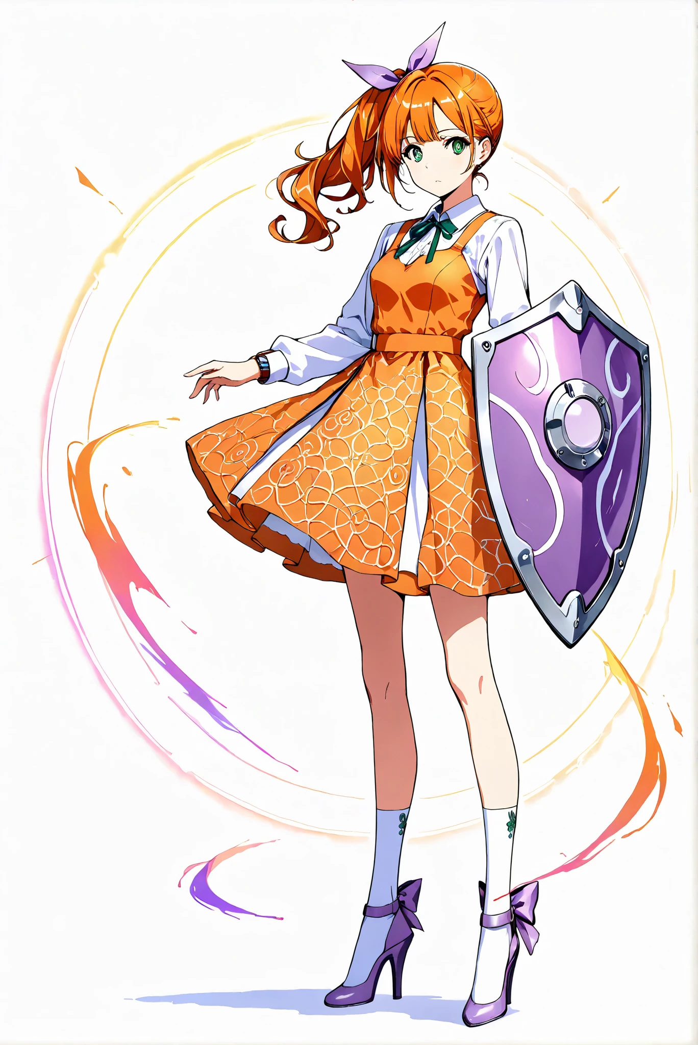  white background， stands，whole body， high heels， front view,Standing picture:1.7)，HoleHeels，oval/Circle/Thorn/Horn Heels，,limited color palette,Colorful, vivid colors ,black light ,watch,  Masterpiece, Very Beautiful, 1girl ,orange hair,green eyes,long hair,bow,side ponytail,bangs,hair bow,dress,shirt,long sleeves,ribbon,white shirt,hair,ribbon,orange dress,ponytail,socks,white socks,, (Buckler), ((big shield)), ((Spiral pattern shield)), Spiral shield \(Swirling bar\), big shield covering body, ((Hidden behind the shield)), Defense shield, Spinning circle, Purple shield @_@, ((White spiral)), 
