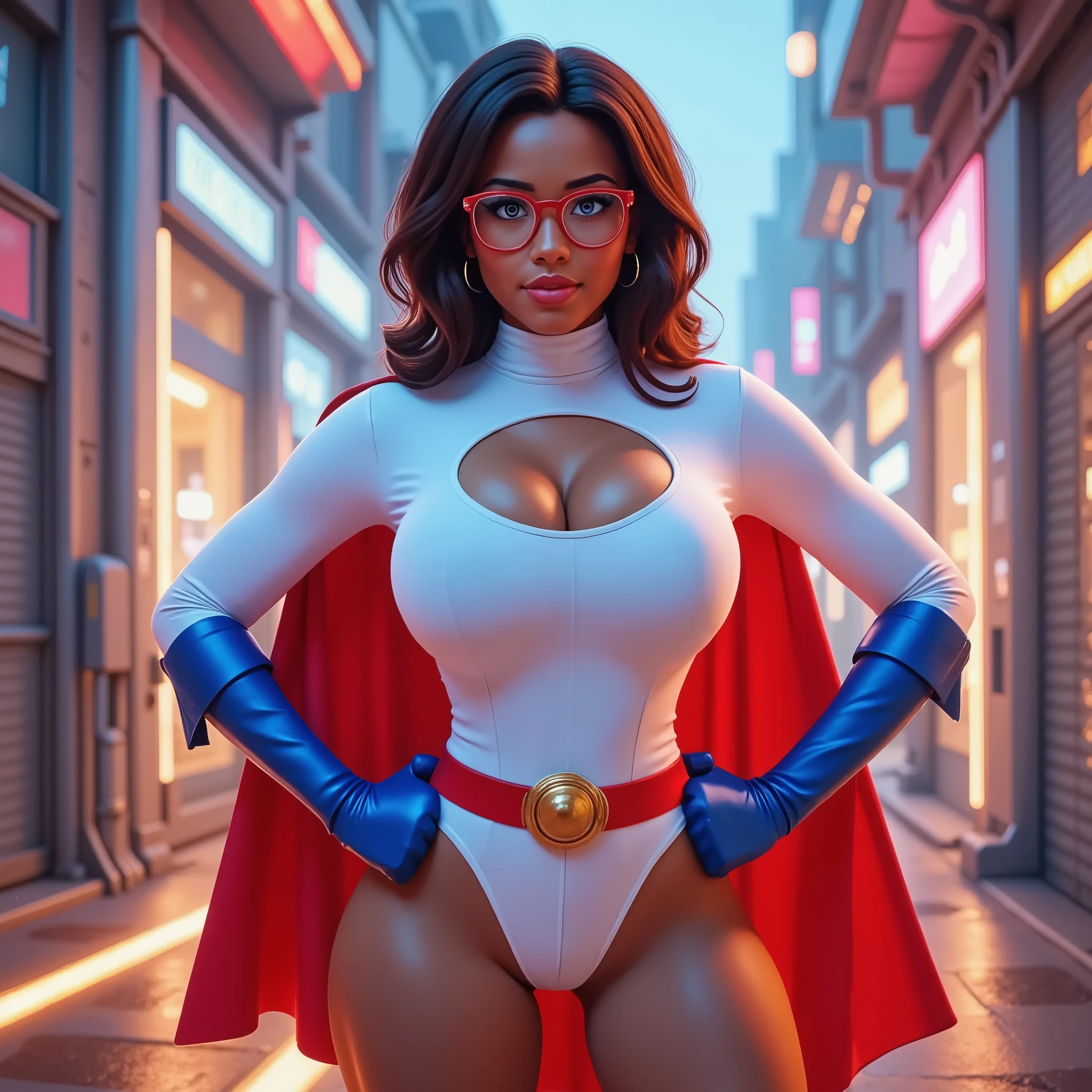 GRACEFULLY STANDING WITH HER HANDS ON HER HIPS, a 19-year-old Black girl, dark-skinned and beaming. She's wearing a brand-new WHITE LONG SLEEVE TURTLE NECK LEOTARD WITH A LARGE HOLE CUT OUT IN TH E CENTER OF THE CHEST, A PAIR OF BLUE POWERGIRL GLOVES, A PAIR OF BLUE FLAIRED BOOTS, A LONG RED CAPE ATTACHED TO THE SHOULDERS AND A RED WAIST BELT WITH A GOLD CIRCULAR BUCKLE. She's wearing a pair of bright red, almost futuristic glasses, but they can't hide the stunning, sexy blue of her eyes. They sparkle with excitement, reflecting the vibrant colors of the suit. VERY SEXY AND CUTE. INTRECATE DETAILS AND TEXTURES, 4K HIGH RESOLUTION.