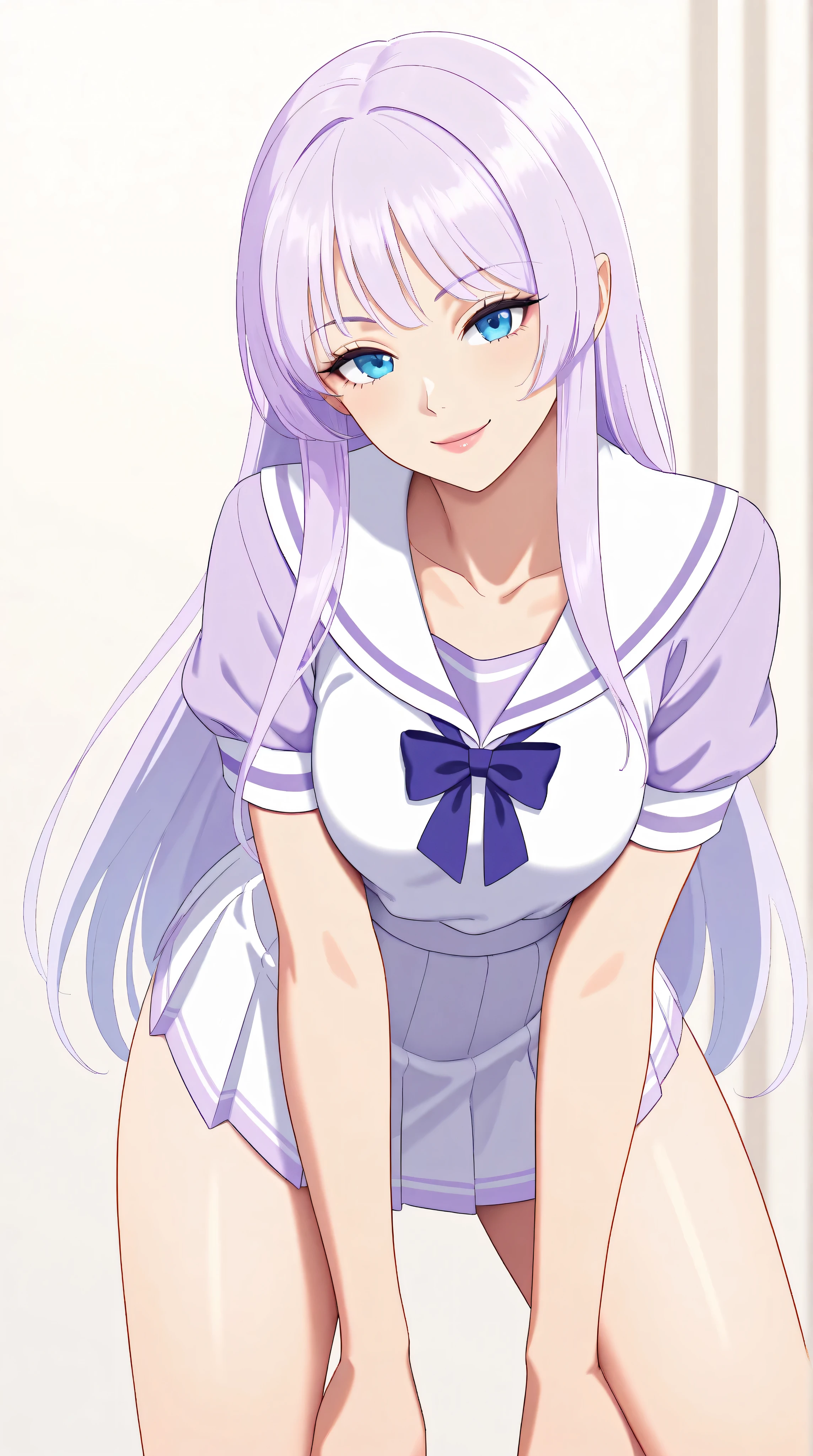 Cute asian girl, lilac hair, lilac high-school uniform, blue eyes, makeup, seductive smile, sexy pose