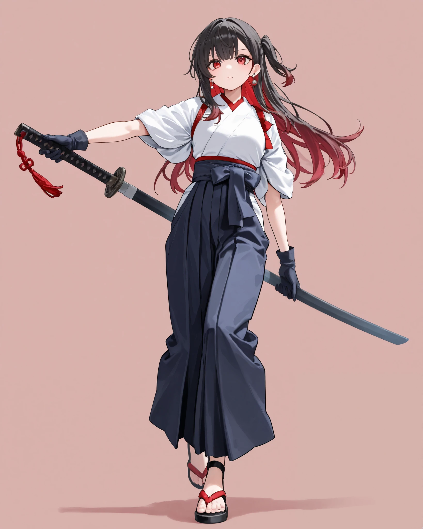 1 girl, Carrying a sword、hakama、 sandals 、 simple background 、 gloves、Earrings、 red eyes、 uri、躍動感