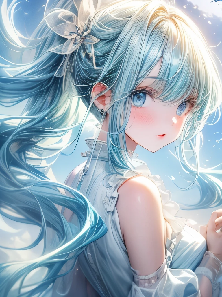 Anime girl with blue hair and white dress looking at the sky - SeaArt AI