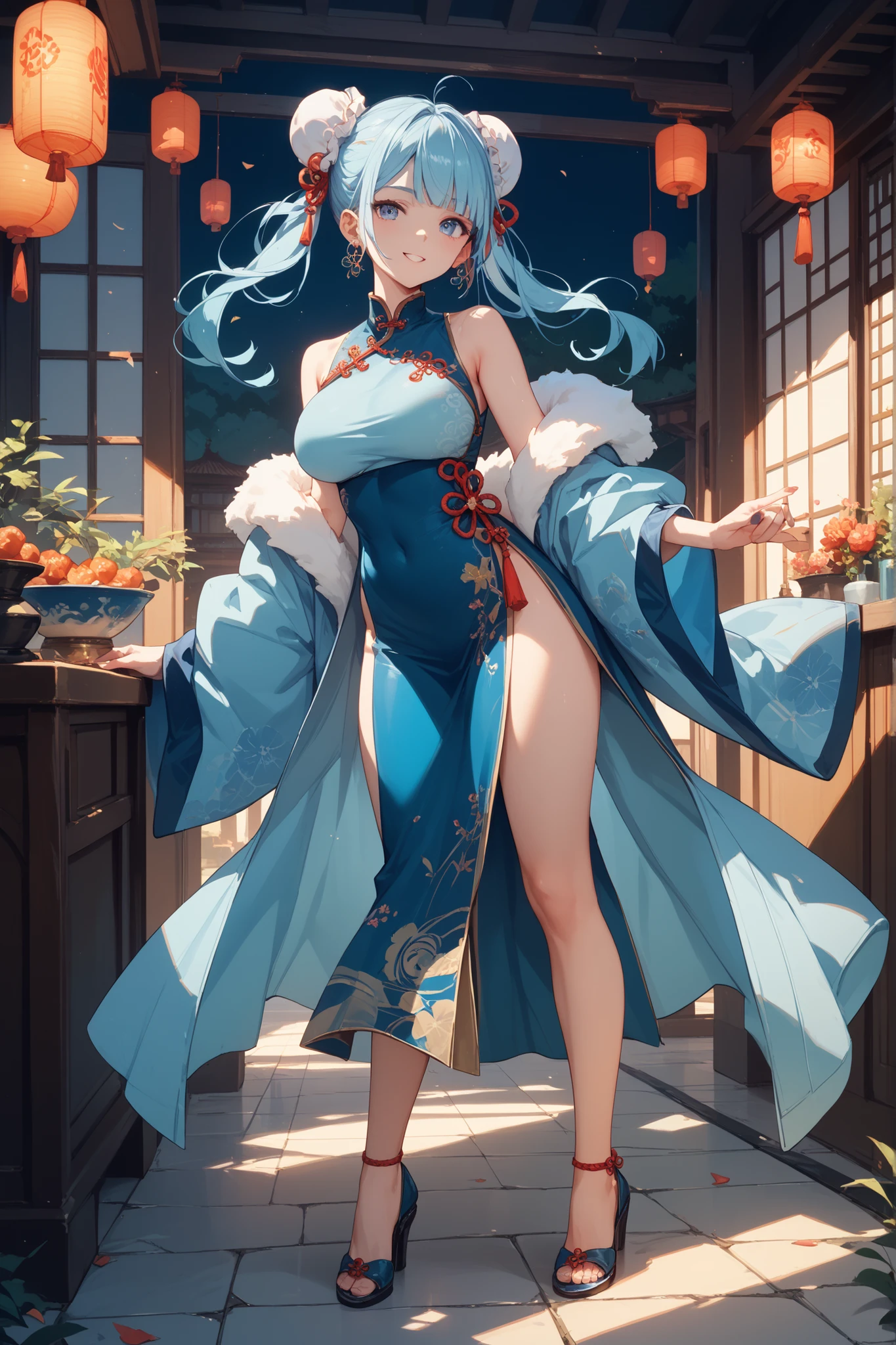 (Unity 16K Wallpaper, Masterpiece, Best Quality, Ultra-Detailed, Extremely Detailed CG, Caustics, Cinematic Lighting, Detailed, Beautiful Detailed Eyes, NSFW:2.0, 1girl, Curby,), Ultra High Resolution, fine skin, (cute: 1.2), (girl), (30 years old), ((simple chinese clothes:1.2)), ((fine background writing, saturated, strong light, Chinatown)), smile, light blue hair