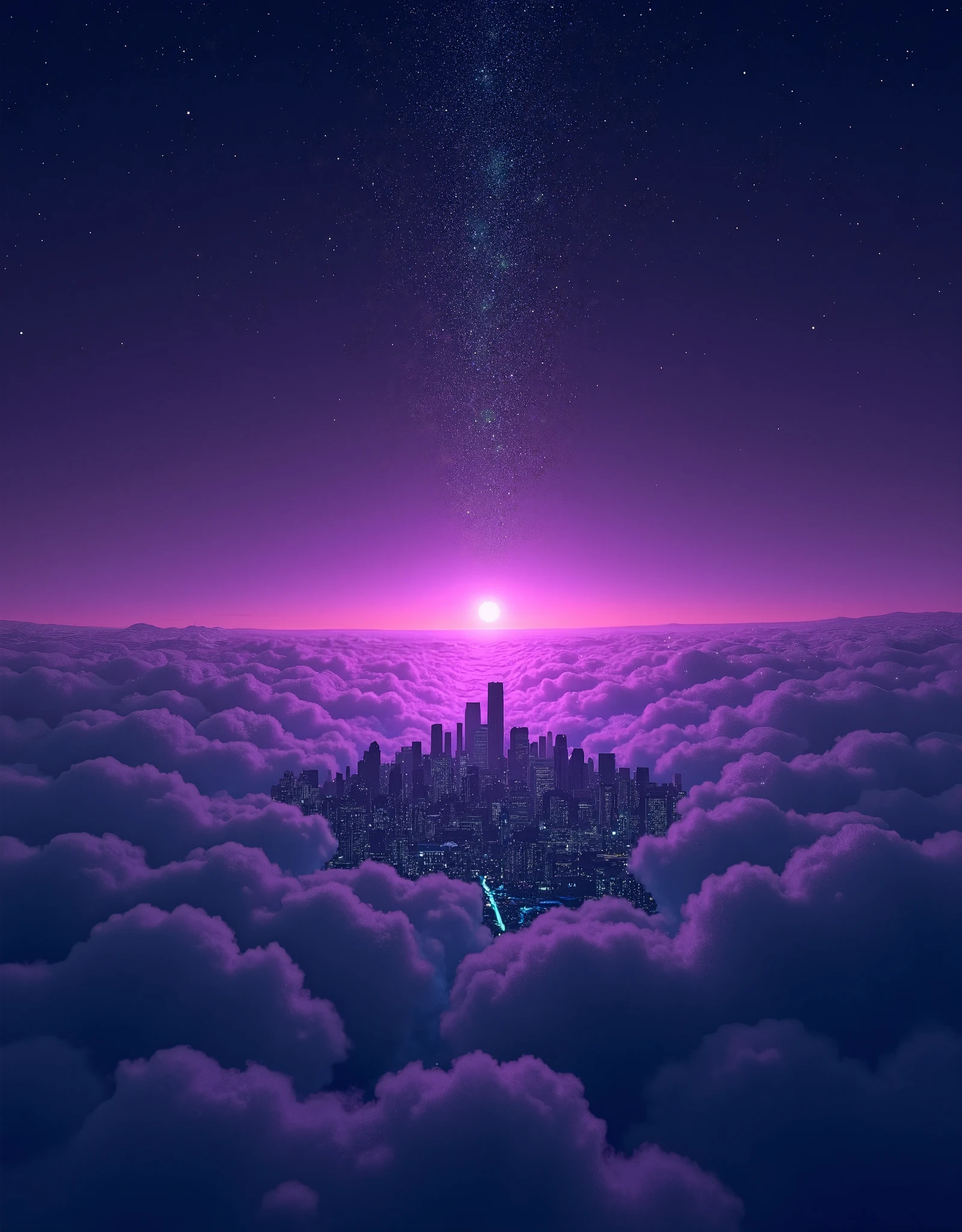 Purple city skyline in the clouds with a bright star above - SeaArt AI