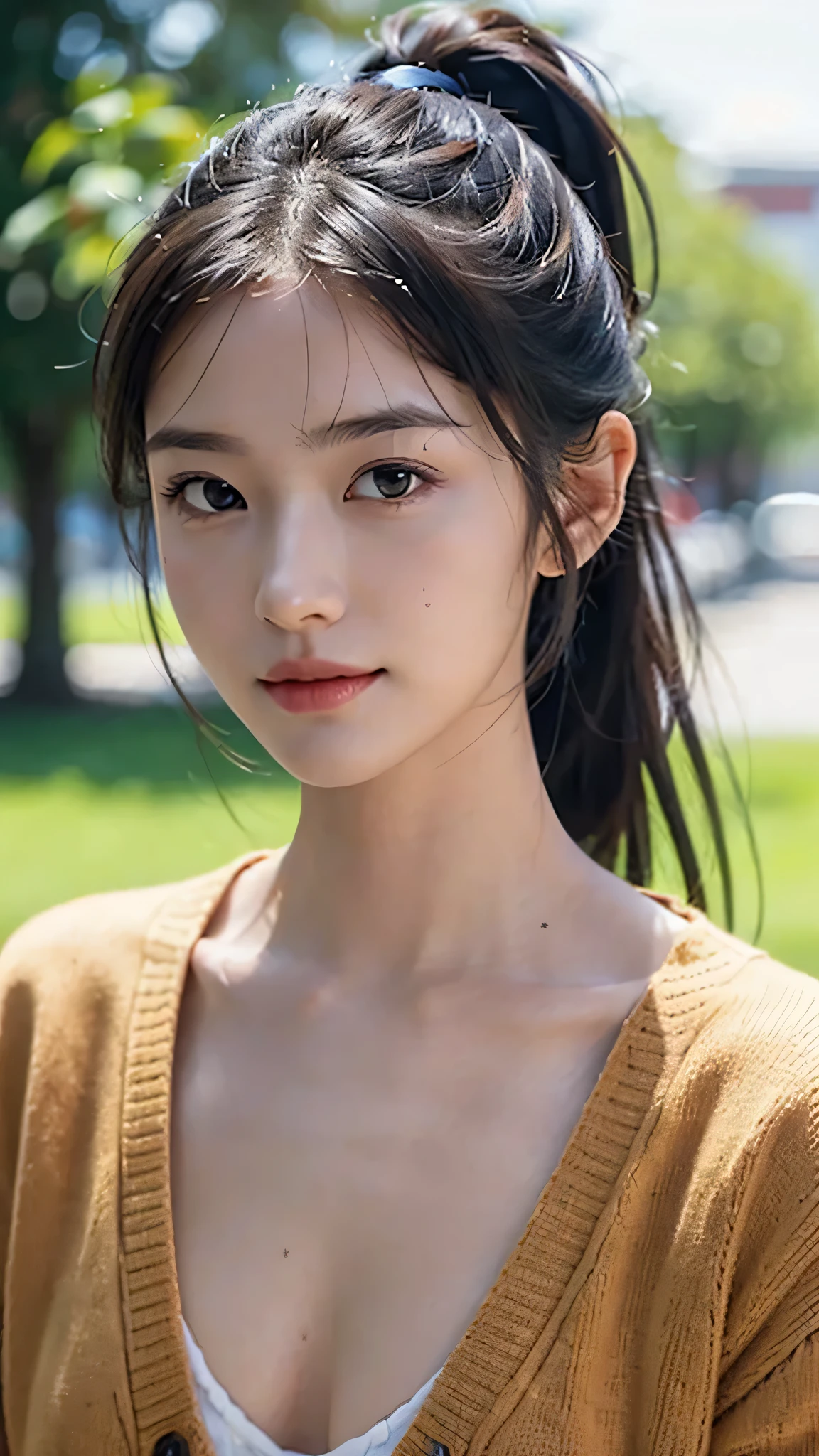 dress,outdoors,Urban Park,On the lawn,One woman,close up face,fully body photo,masutepiece, The highest image quality, High quality, the background is clear,Beautiful woman, Japanese, Detailed, Ultra-detailed, finely detail, hight resolution, 8K Wallpaper, Perfect dynamic composition, Beautiful detailed eyes ,Detailed eyes, Detailed skin, Beautiful skin, 超hight resolution, (reality: 1.4),Very beautiful woman, Slightly younger face, Beautiful skin, slender, (Ultra photo realsisim), (hight resolution), (8K), (Very detailed) (beautifully detailed eyes), (super detailed), (Detailed face), view the viewer, Fine details, Detailed face, Staring straight ahead, Staring straight ahead, photos realistic, Bright lighting, Professional Lighting, Black hair,poneyTail,a baby face,sixteen years old,Hairstyle: ponytail,Long ponytail hairstyle,slight smile,