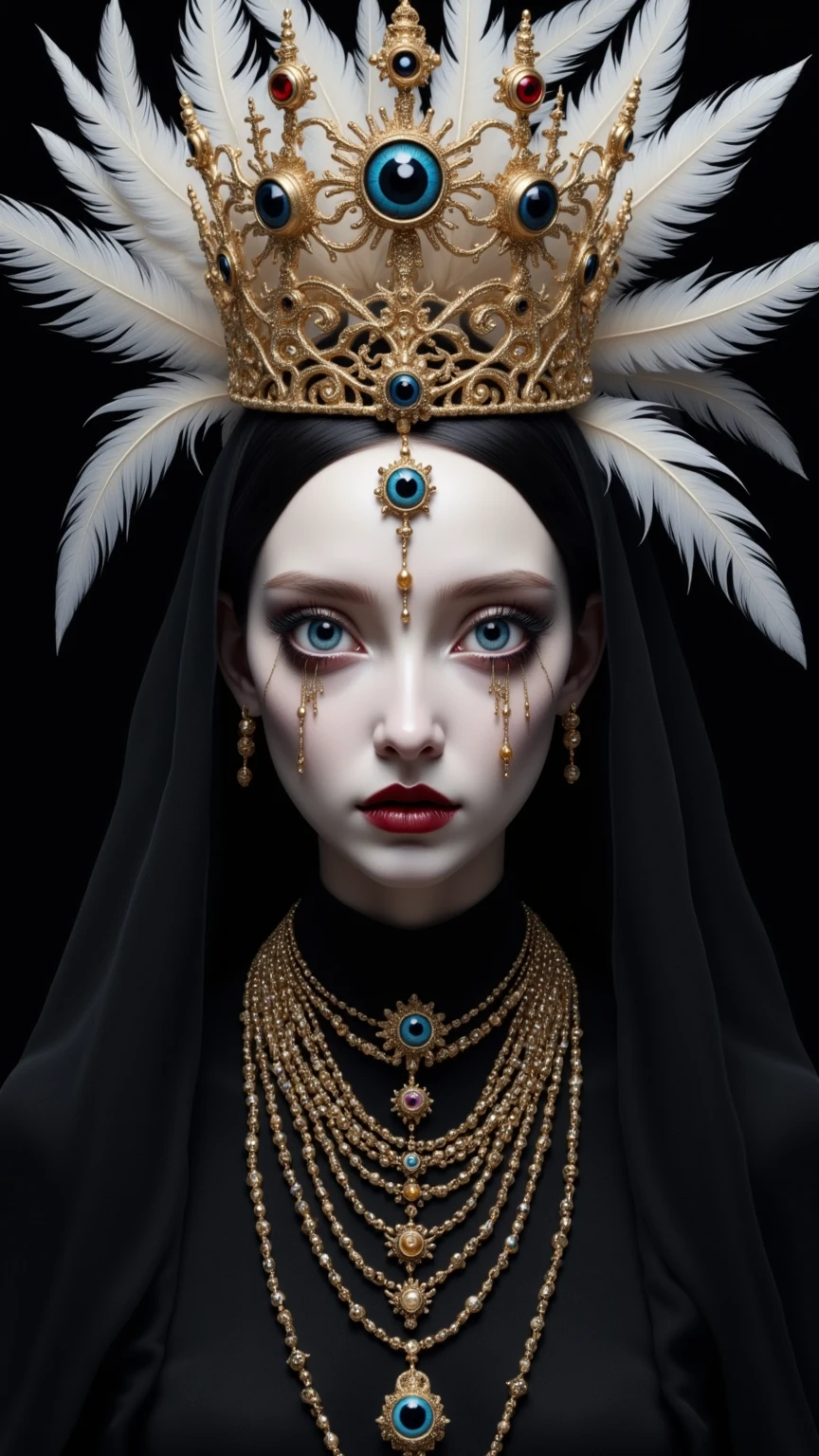 (masterpiece, best quality:1.2),Grotesque Aesthetics:1.56，Thriller， Ugly faceless person，There are many eyeballs growing on the skin of the face，teeth， Solitary，black background，crown，veil，hand，Pearl Necklace，Feather wings