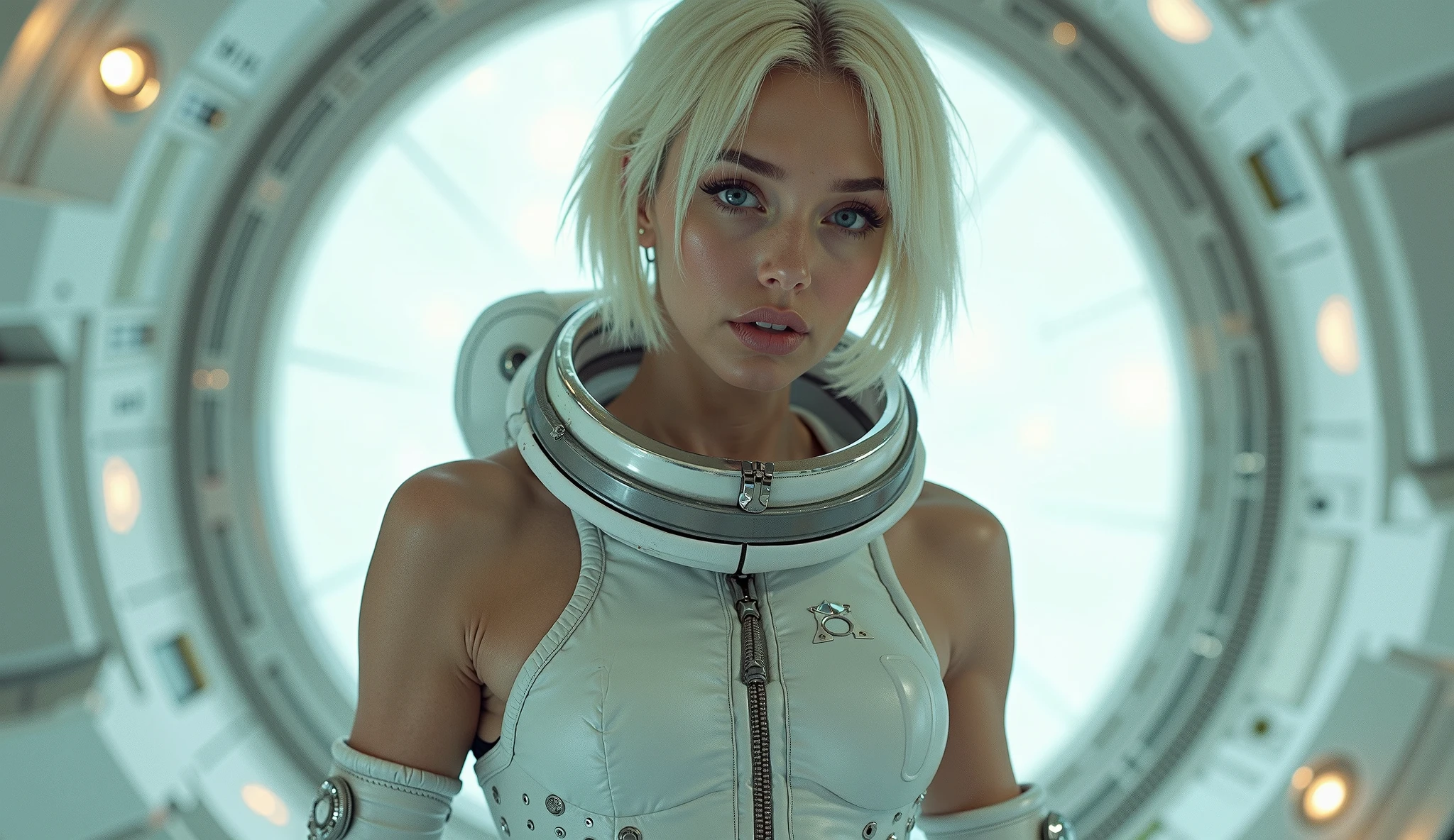 beautiful 8 year old blonde girl in a futuristic and technologically advanced white suit, full view, sci-fi setting, sidereal space, photorealism, photo look, RAW style, highly detailed, ultra high definition