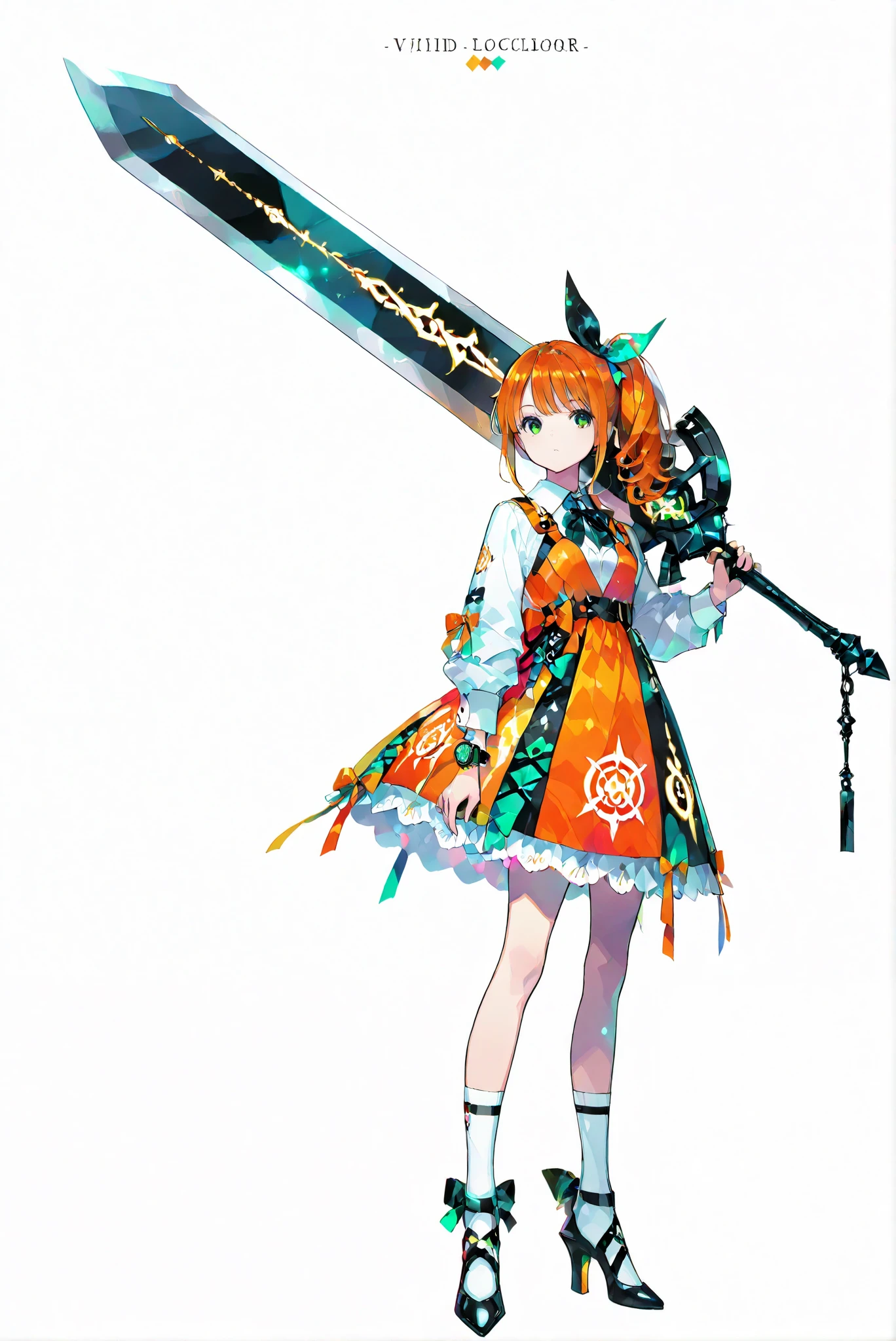 ( white background, stands,whole body, high heels, front view,Standing picture:1.7),HoleHeels,oval/Circle/Thorn/Horn Heels,,limited color palette,Colorful, vivid colors ,black light ,watch, Masterpiece, very beautiful, 1girl ,orange hair,green eyes,long hair,bow,side ponytail,bangs,hair bow,dress,shirt,long sleeves,ribbon,white shirt,hair,ribbon,orange dress,ponytail,socks,white socks,
,huge weapon,holding sword, runesword,Blade with Glowing Blue Hook,Glowing Symbol on the Body, huge rune sword , weapon over shoulder, holding weapon