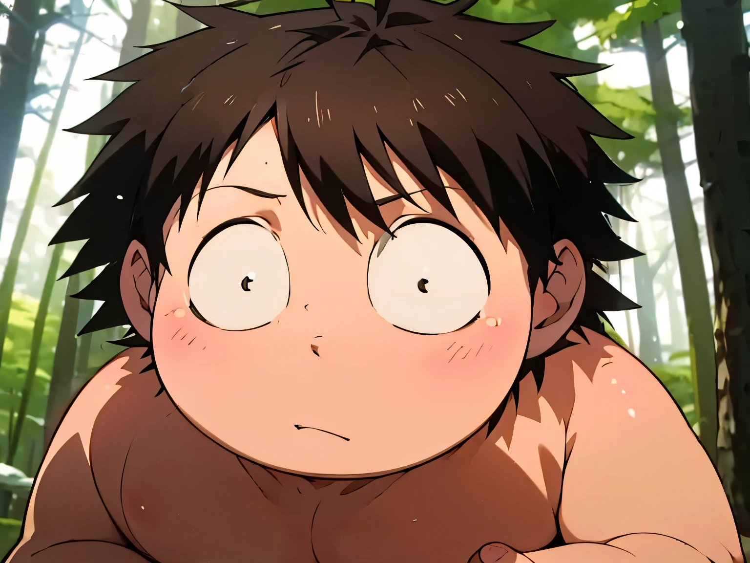 an image of Haruyuki Arita, high, gordo, Like an Akimichi (Clan), anime style, Forest snow, brown hair, black eyes, fun