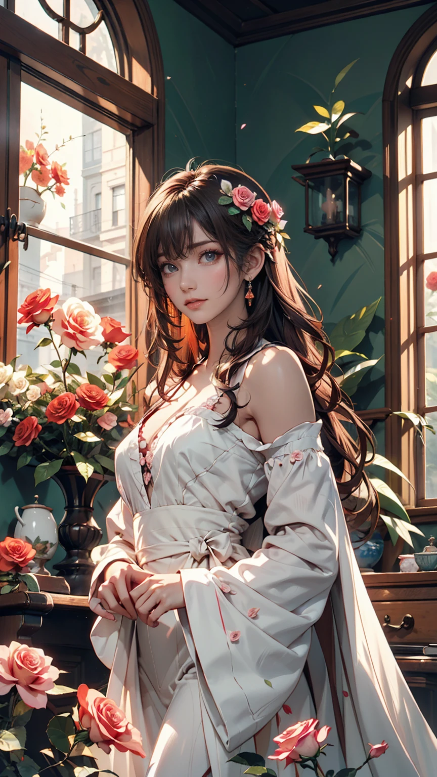 24 year old Caucasian female、Red hair、semi-long、Side Tail((side drill))、Crimson Tea-Length Dress((tea length dress))wear、Wear accessories on your wrist、Attach a necklace、Royal Dinner、Vibrant makeup、smile、holding champagne glass
