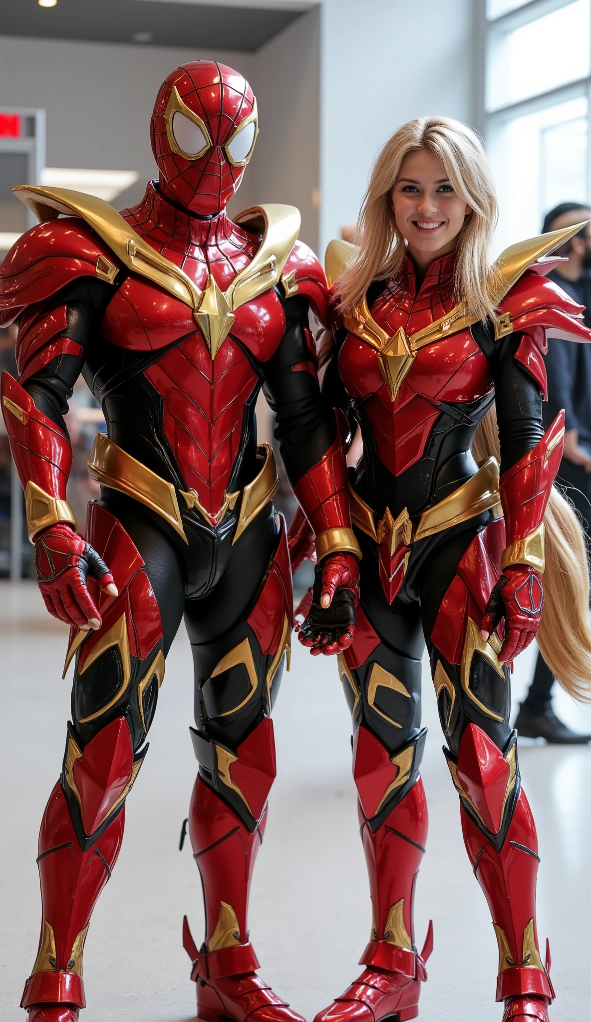 character: 1 Man With a Spiderman mask covering the entire head and ung woman blonde hair.
action: standing, Body position facing straight ahead. Looking into the camera.
Expression : smiling.
Costume : they Wearing futuristic Light red Spiderman armor saint seiya with futuristic gold silver accents. Full body view.
Background : A bright indoor public space , with people vaguely seen in the distance , indicates that this picture was taken at a fun event or meeting , may be a convention or costume party . They radiate happiness while standing confidently in their superhero costumes. Full body.