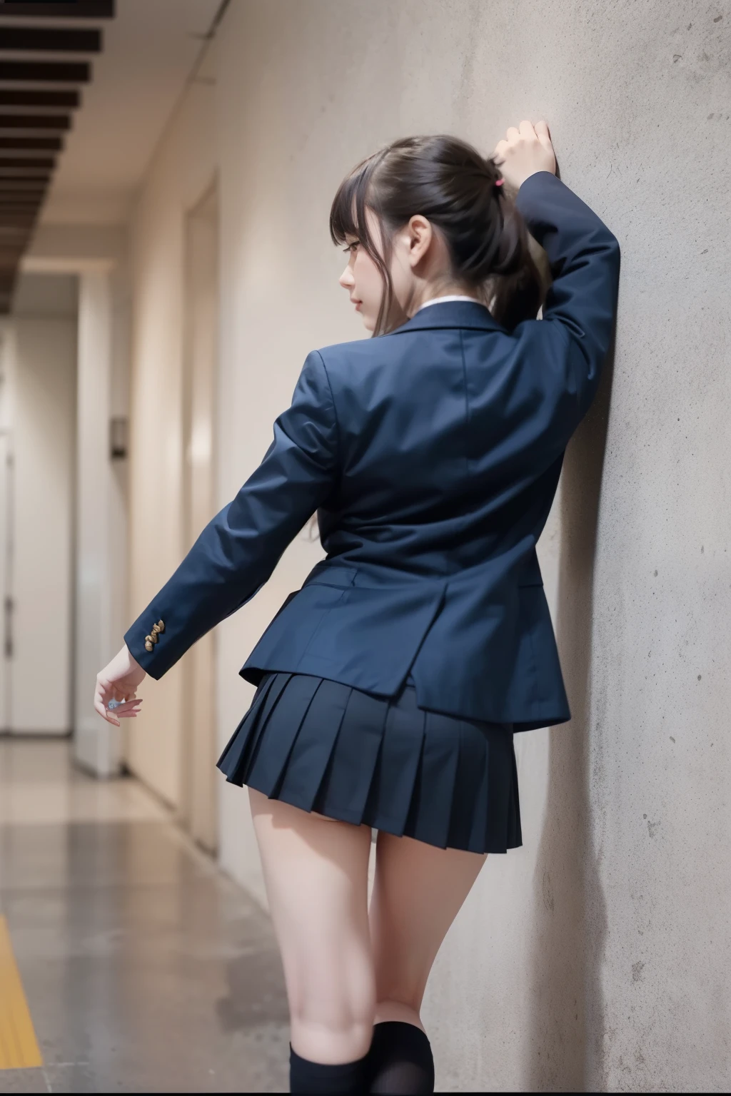 Japanese Beauty、Brown Hair、Back view、Low - Angle、Knee-length skirt、School campus、Shooting from below、Navy blue blazer、High 、Pleated skirt、Skirt flipped up、Strong winds、White panties、Silk panties visible、Panties are exposed、Strong windsでスカートの後ろが捲れ上がる