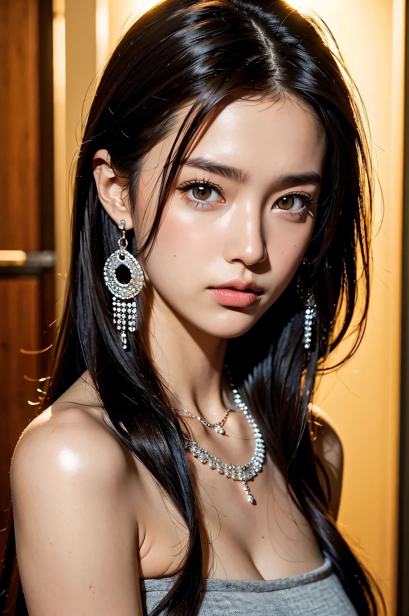 (good structure),high dynamic range,ultra high definition,8k,1 girl,Chinese Yi costumes,silver metal headpiece, brown eyes, earrings, have, jewelry,Yi ethnic metal jewelry,A huge metal have,Headwear metal tassels,Silver metal have, lace, lace trim, lips, long hair, looking at the audience, parted lips, alone, Upper body