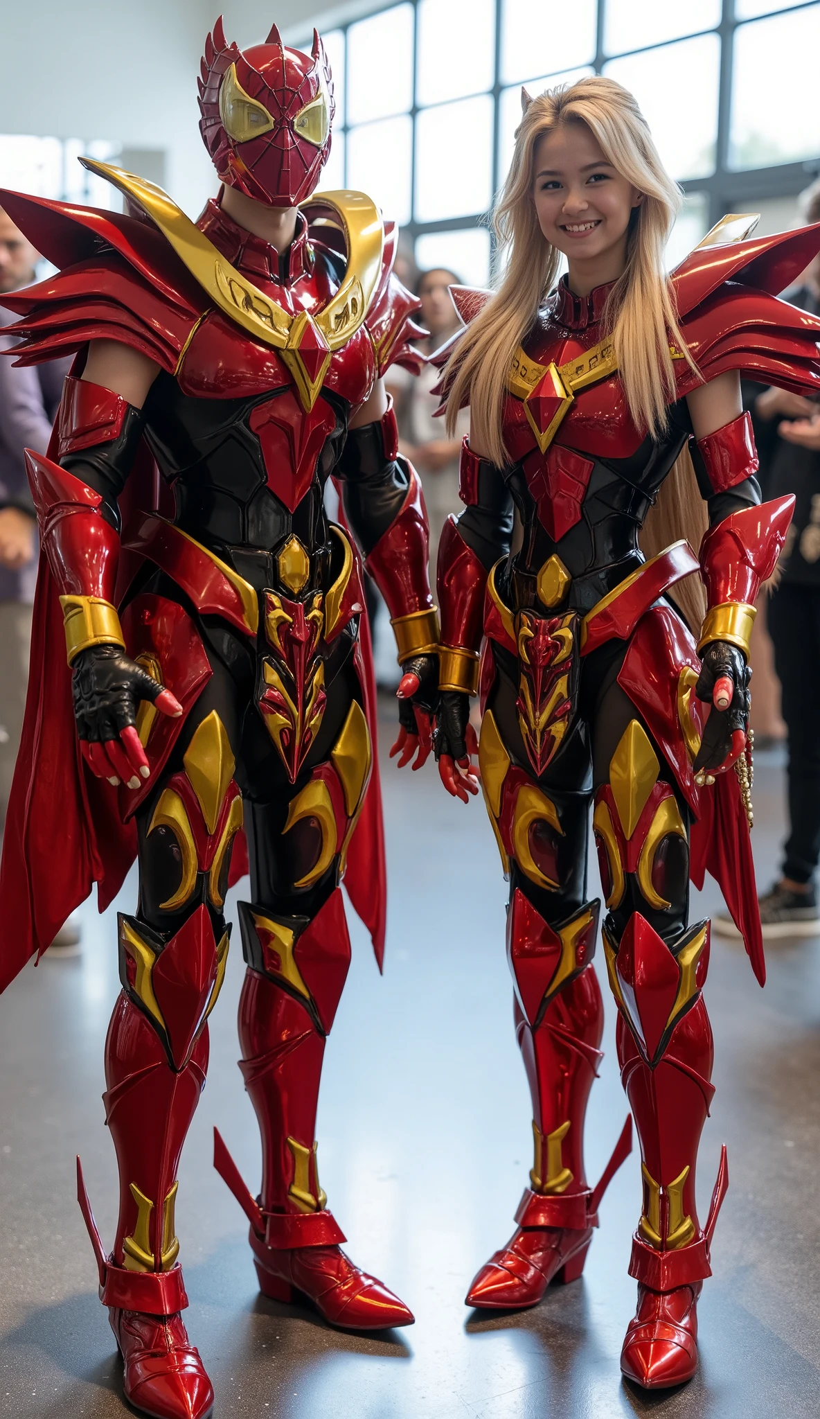 character: 1 Man With a Spiderman mask covering the entire head and ung woman blonde hair.
action: standing, Body position facing straight ahead. Looking into the camera.
Expression : smiling.
Costume : they Wearing futuristic Light red Spiderman armor saint seiya with futuristic gold silver accents. Full body view.
Background : A bright indoor public space , with people vaguely seen in the distance , indicates that this picture was taken at a fun event or meeting , may be a convention or costume party . They radiate happiness while standing confidently in their superhero costumes. Full body.