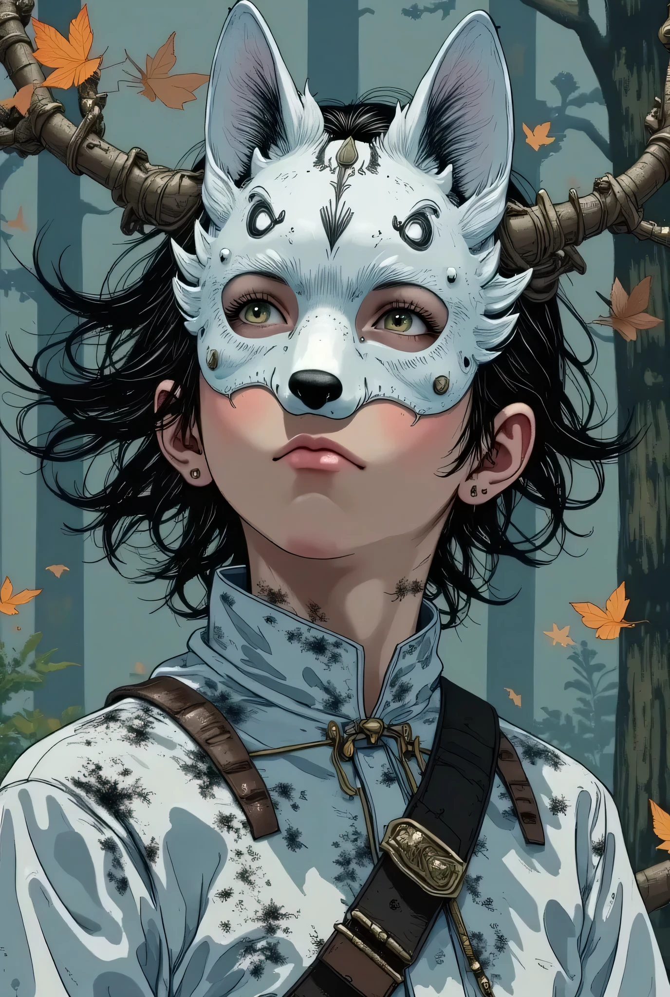 a boy , Looking up , he is wearing an outfit with a wolf film, he is wearing a white mask with black details ,The mask covered his whole face,