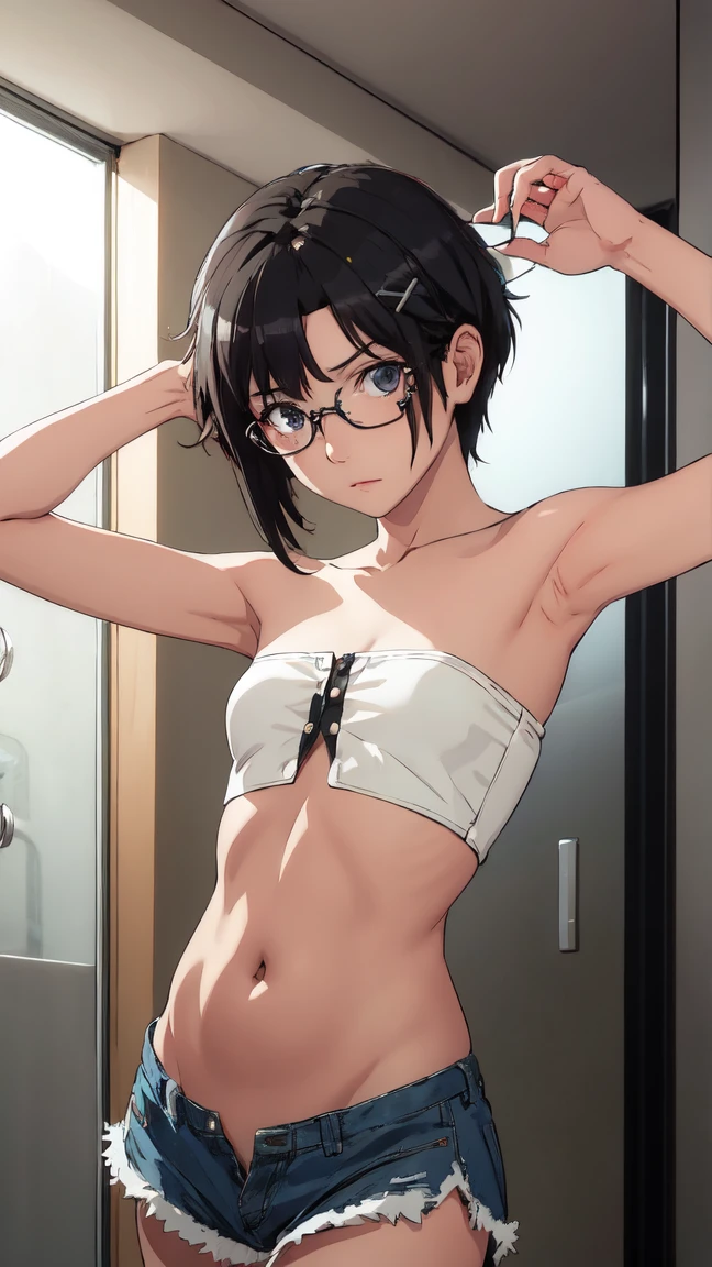((highres:1.2)),1girl,(nude:1.2),(topless:1.2),boots,(black socks:1.3),(((medium breasts:1.4))),((skinny:1.2)),((slender:1.2)),short hair,((blue hair:1.5)),glasses,(((ager:1.2))),(((petite:1.2))),((shorts:1.2)),