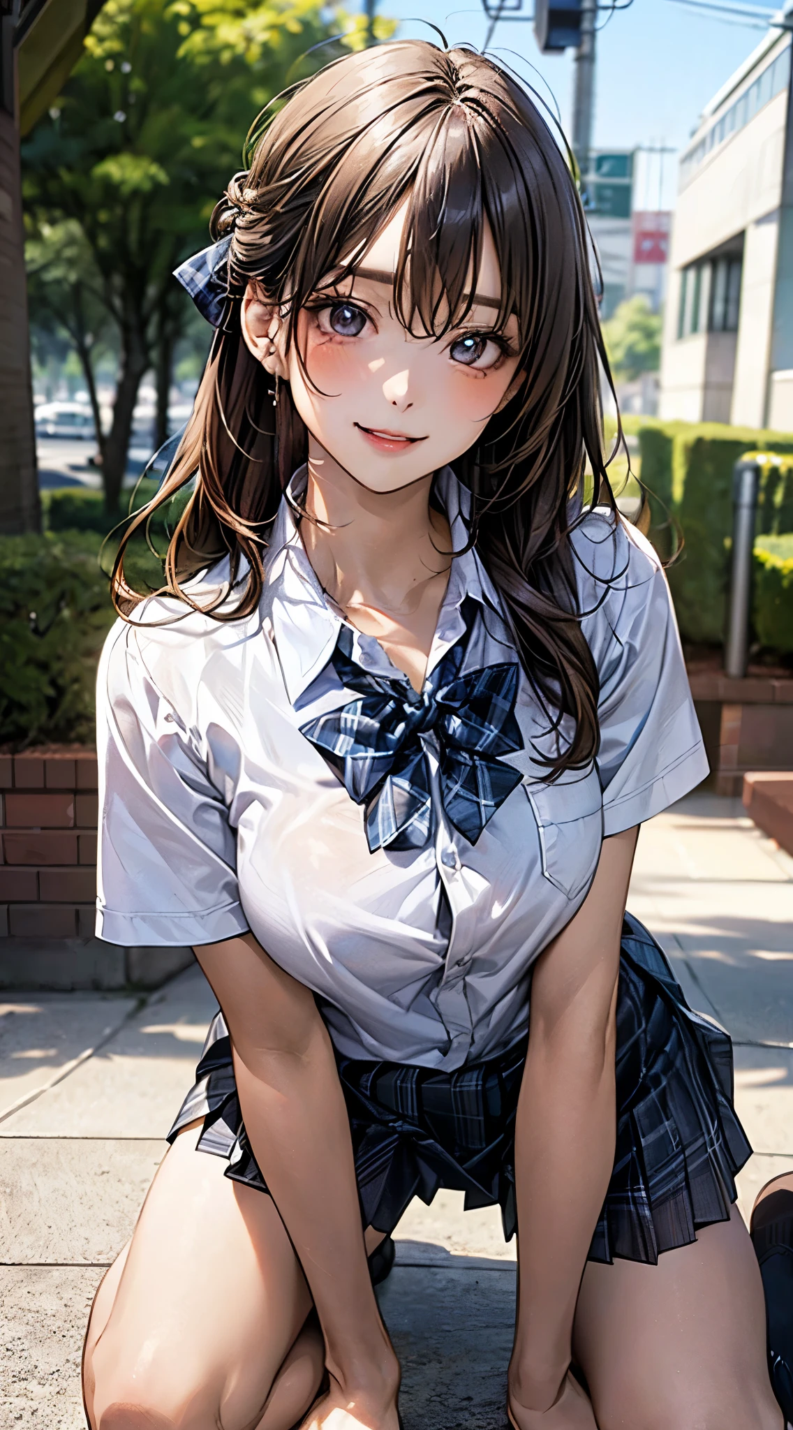 (masterpiece:1.2, top-quality), (realistic, photorealistic:1.4), beautiful illustration, (natural side lighting, movie lighting),
looking at viewer, cowboy shot, front view:0.6, 1 girl, japanese, high school girl, perfect face, cute and symmetrical face, shiny skin,
(long hair:1.8, straight hair:1.7, light brown hair), parted bangs, emerald green eyes, long eye lasher, (large :0.9, thick thighs),
beautiful hair, beautiful face, beautiful detailed eyes, beautiful clavicle, beautiful body, beautiful chest, beautiful thigh, beautiful legs, beautiful fingers,
((, white collared shirts, black pleated mini skirt, black socks, brown loafers, red bow tie)), break, hoop ring earrings, pink pantiesblue violet cardigan
(beautiful scenery),
A girl is on all fours in a grassy field. A large dog is hugging her back.
Her face is bright red, her brow is furrowed, her mouth is open, and she looks delighted. Her large breasts and nire standing en through her shirt. The skirt is shorter than normal, but even shorter. The girl has brown hair.
(Very short skirt).