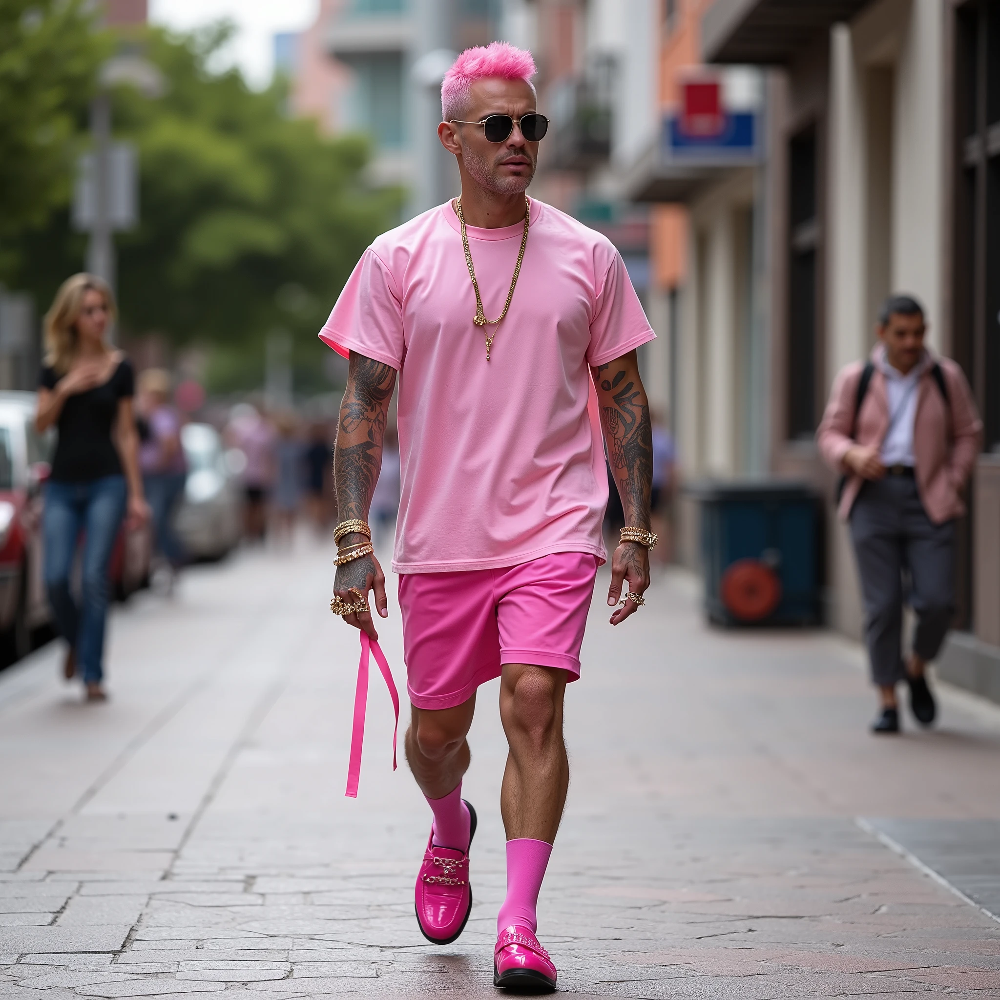 full body photo, white Man handsome, Pink hair hyper-stylish short undercut, bimbo lips, pink fashion clothes, pink socks, pink chic mens patent loafers, chunky gold & pink precious stoned rings, bracelets, necklaces, sunglasses, walking in zona rosa, Mexico df. His loafers & pink nylon-socks must be seen . flxBimboLips963