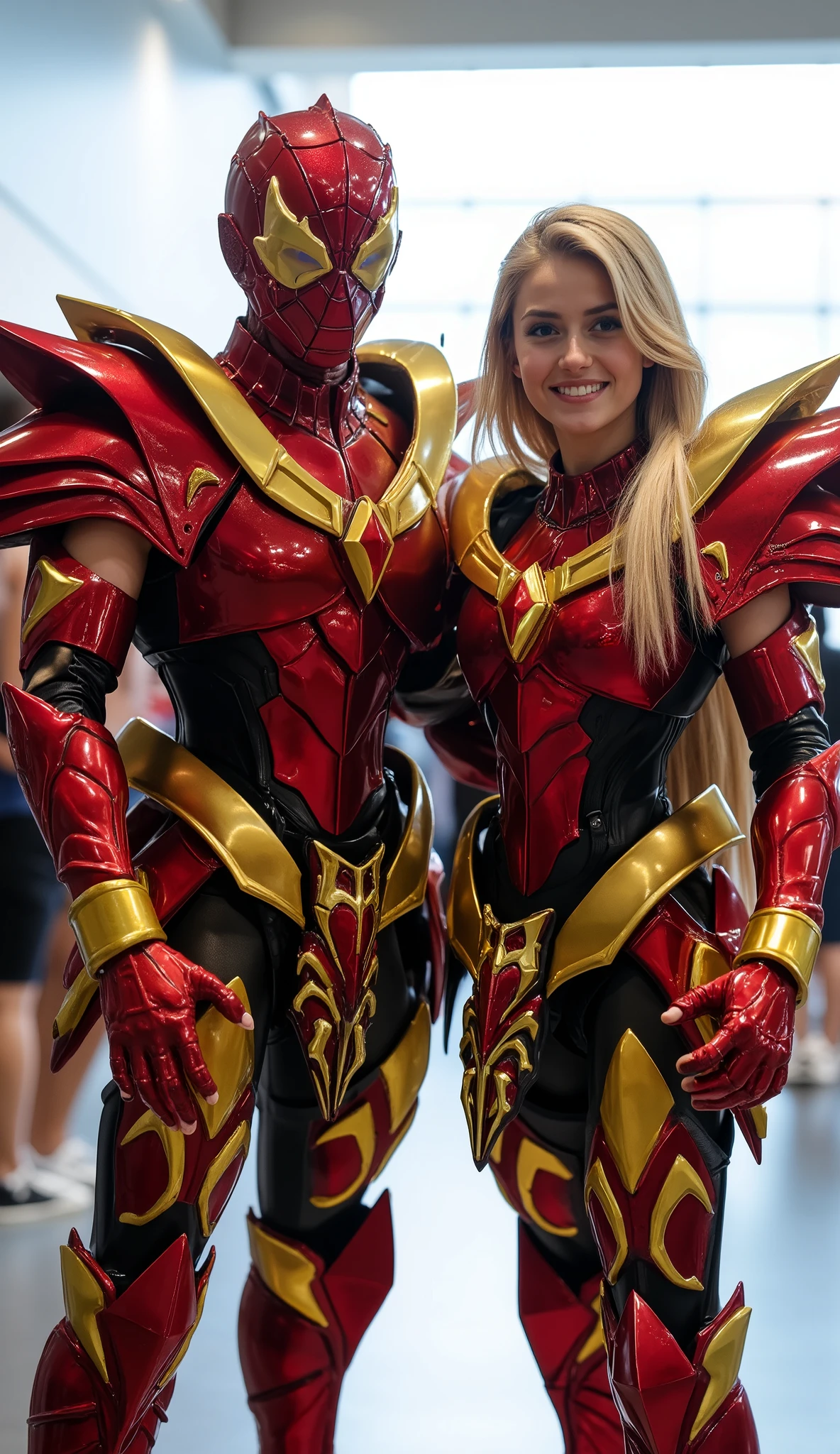 character: 1 Man With a Spiderman mask covering the entire head and 1 young woman blonde hair.
action: standing, Body position facing straight ahead. Looking into the camera.

Expression : smiling.

Costume : they Wearing futuristic Light red Spiderman armor saint seiya with futuristic gold silver accents. Full body view.

 Background :  A bright indoor public space ,  with people vaguely seen in the distance ,  indicates that this picture was taken at a fun event or meeting ,  may be a convention or costume party .  They radiate happiness while standing confidently in their superhero costumes. Full body.
