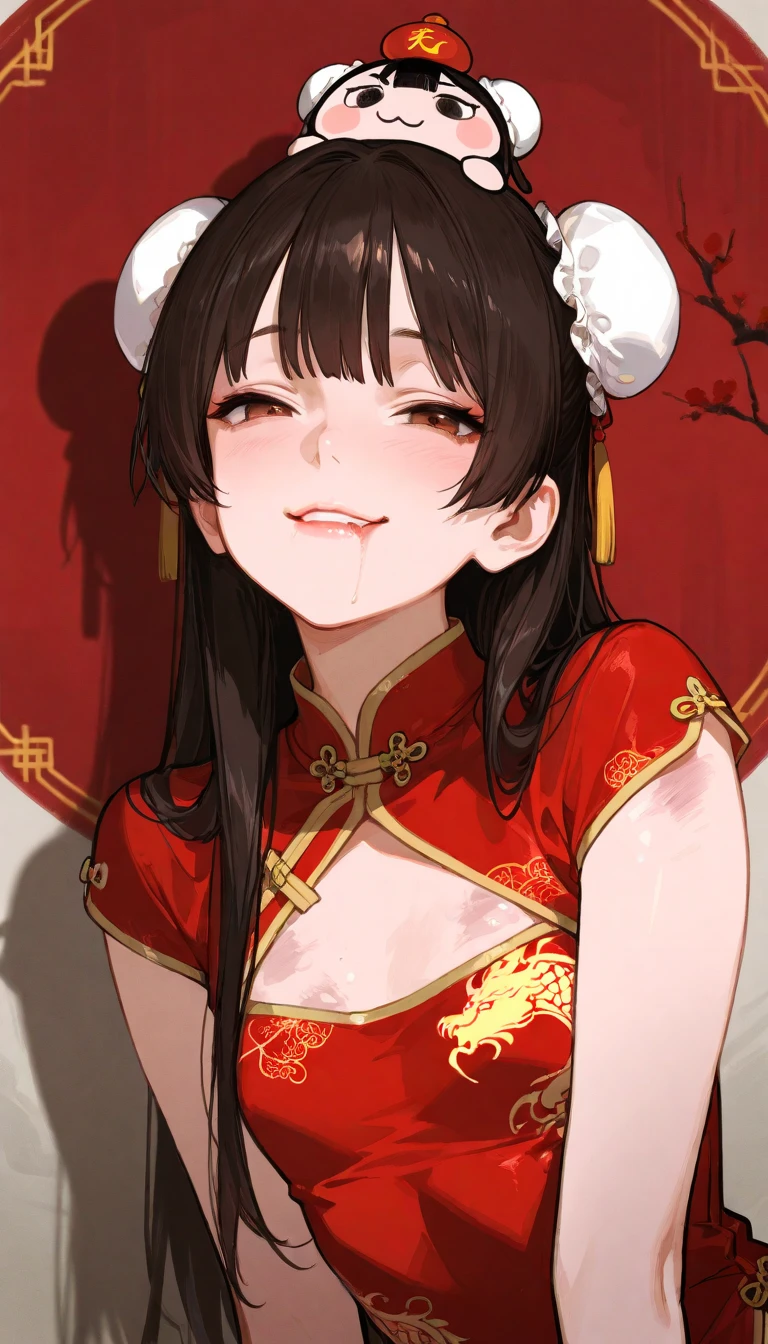 1 girl,  China dress with a bun on the head,  naughty smile , Alone,  ,  long hair,  Mid-chest, bangs, Chapped Lips,  detailed skin texture, 