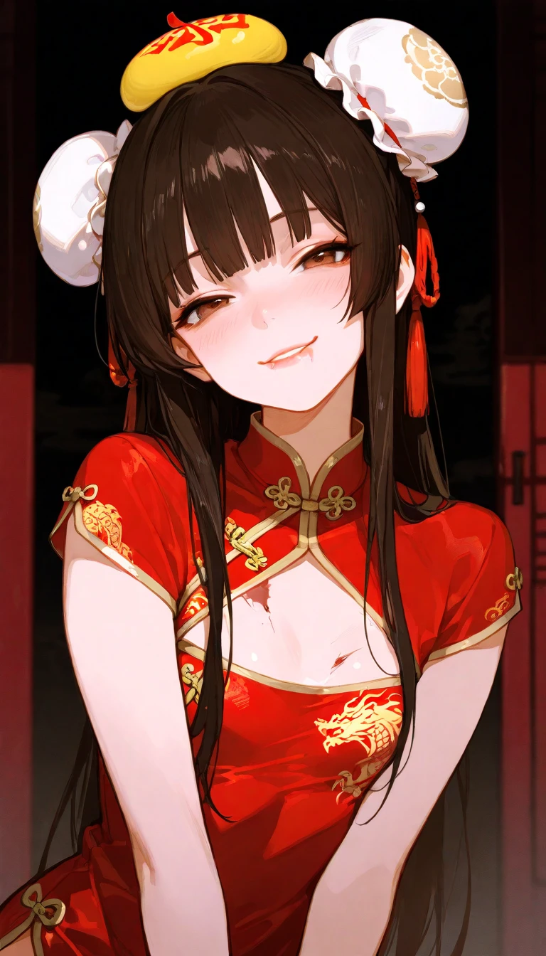 1 girl,  China dress with a bun on the head,  naughty smile , Alone,  ,  long hair,  Mid-chest, bangs, Chapped Lips,  detailed skin texture, 