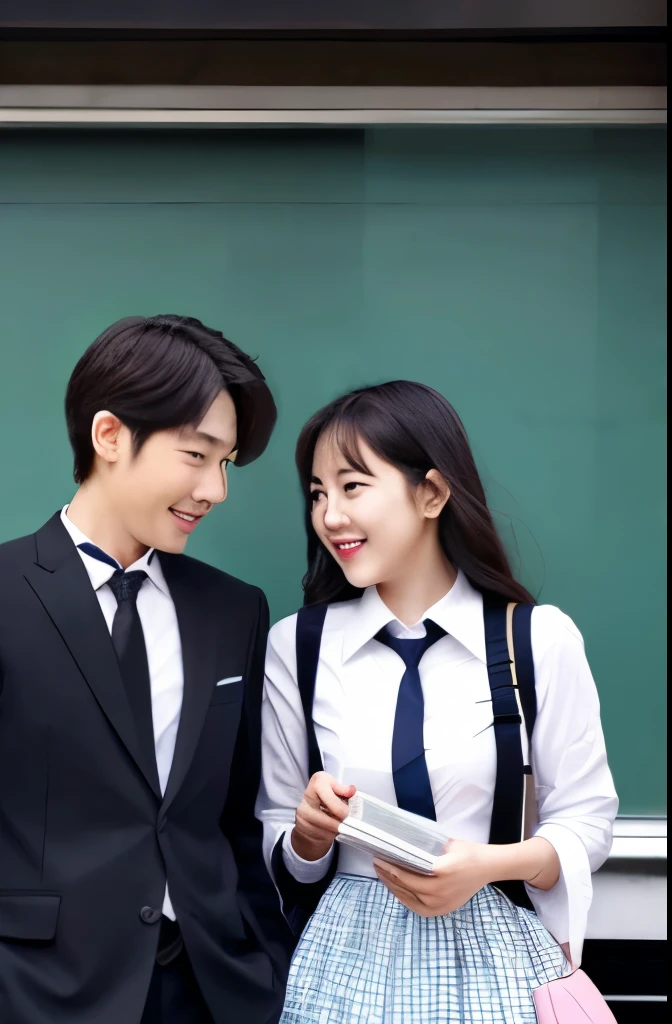 A handsome boy is confessing his love to a pretty girl in a school classroom。
The boy is holding a bouquet。