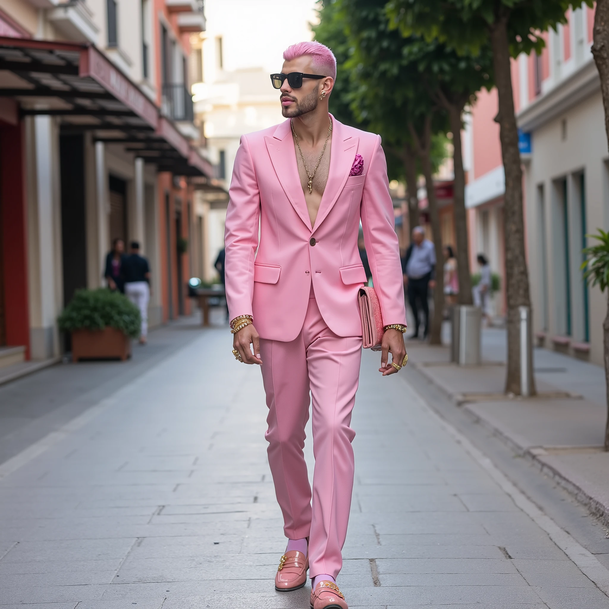 full body photo, a handsome white Man with light- Pink hair hyper-stylish short undercut, bimbo lips, light-pink fashion clothes, light-pink somptuous nylon-socks, pink chic mens patent loafers, chunky gold & pink precious stoned rings, bracelets, necklaces, sunglasses, walking in zona rosa, Mexico df. His loafers & pink nylon-socks must be seen . flxBimboLips963