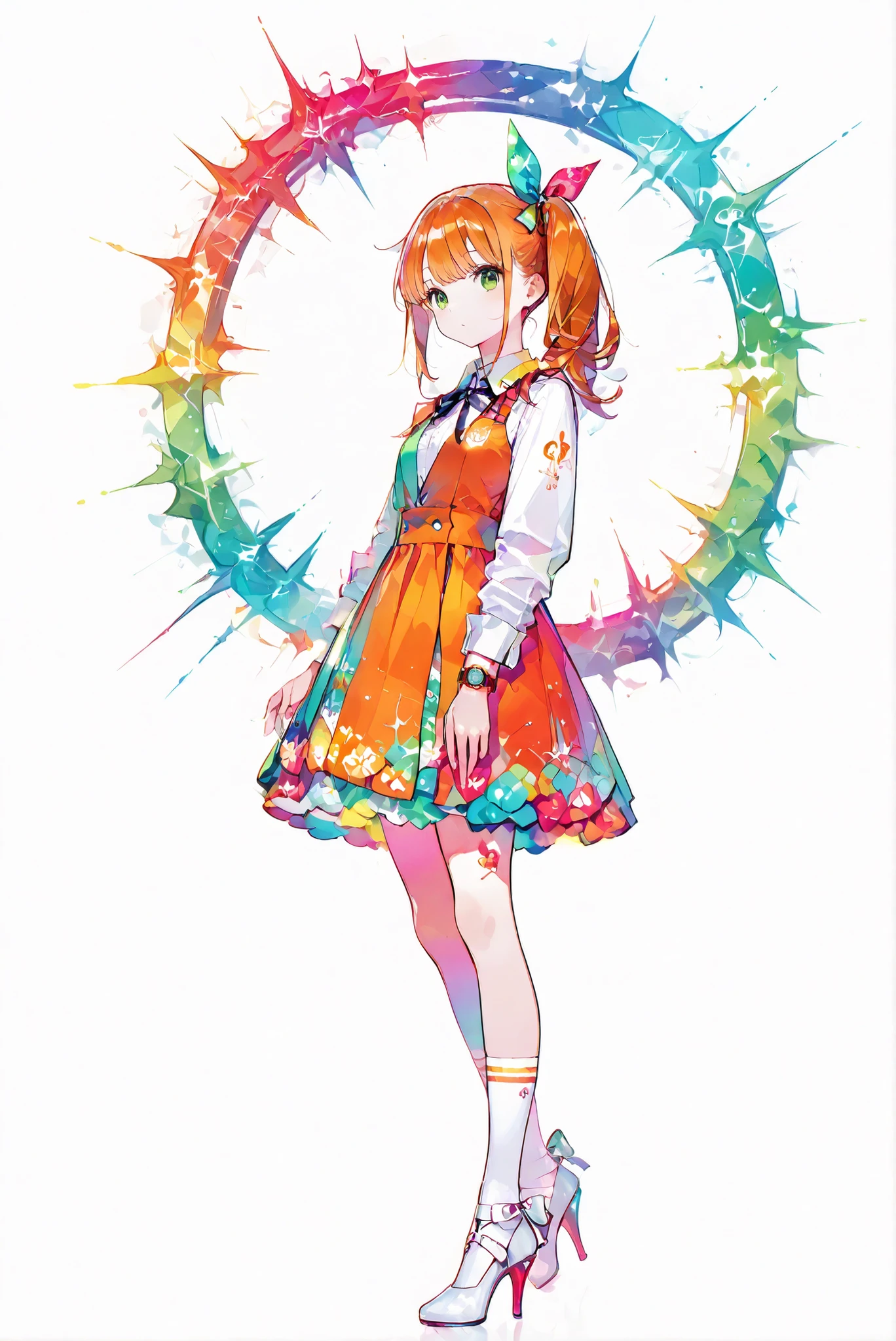 （ white background， stands，whole body， high heels， front view,Standing picture:1.7)，HoleHeels，oval/Circle/Thorn/Horn Heels，,limited color palette,Colorful, vivid colors ,black light ,watch,  Masterpiece, Very Beautiful, 1girl ,orange hair,green eyes,long hair,bow,side ponytail,bangs,hair bow,dress,shirt,long sleeves,ribbon,white shirt,hair,ribbon,orange dress,ponytail,socks,white socks,,  施放法術來召喚多個藍色漂浮劍的電影whole body拍攝:1.4) Sword dance

