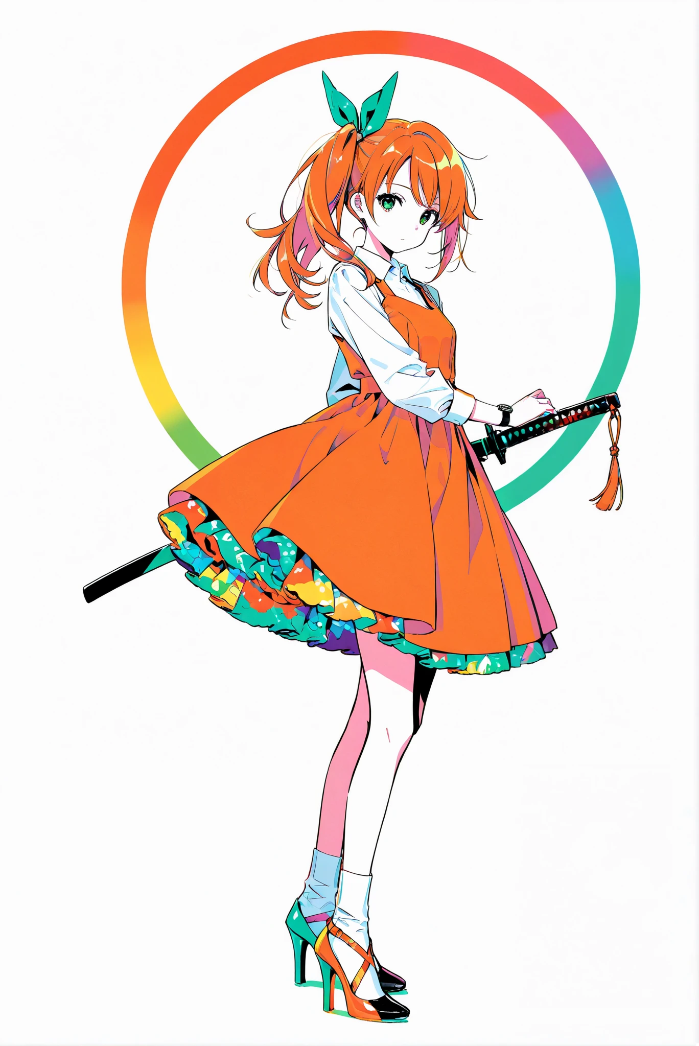 ( white background, stands,whole body, high heels, front view,Standing picture:1.7),HoleHeels,oval/Circle/Thorn/Horn Heels,,limited color palette,Colorful, vivid colors ,black light ,watch, Masterpiece, Very Beautiful, 1girl ,orange hair,green eyes,long hair,bow,side ponytail,bangs,hair bow,dress,shirt,long sleeves,ribbon,white shirt,hair,ribbon,orange dress,ponytail,socks,white socks, Battoujutsu