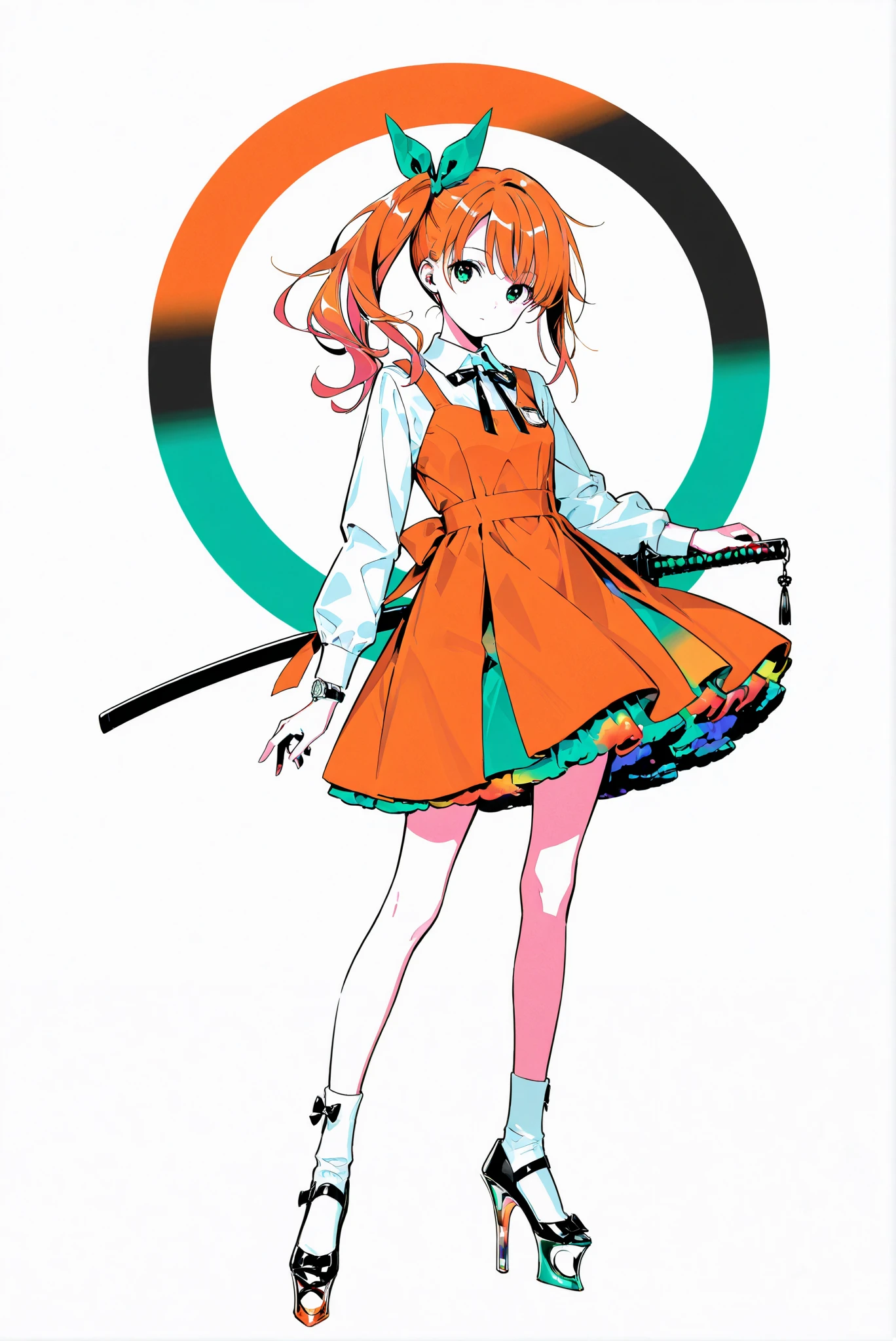 （ white background， stands，whole body， high heels， front view,Standing picture:1.7)，HoleHeels，oval/Circle/Thorn/Horn Heels，,limited color palette,Colorful, vivid colors ,black light ,watch,  Masterpiece, very beautiful, 1girl ,orange hair,green eyes,long hair,bow,side ponytail,bangs,hair bow,dress,shirt,long sleeves,ribbon,white shirt,hair,ribbon,orange dress,ponytail,socks,white socks, Battoujutsu