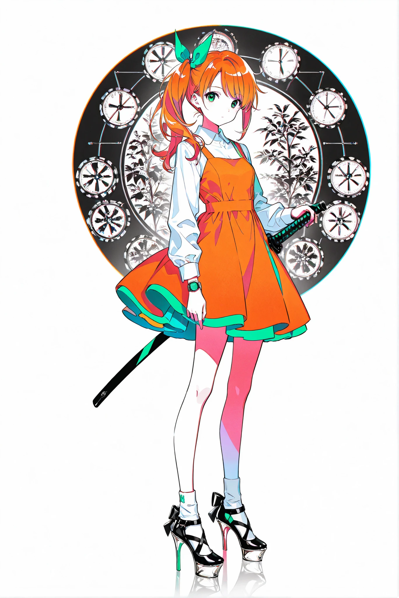 ( white background, stands,whole body, high heels, front view,Standing picture:1.7),HoleHeels,oval/Circle/Thorn/Horn Heels,,limited color palette,Colorful, vivid colors ,black light ,watch, Masterpiece, Very Beautiful, 1girl ,orange hair,green eyes,long hair,bow,side ponytail,bangs,hair bow,dress,shirt,long sleeves,ribbon,white shirt,hair,ribbon,orange dress,ponytail,socks,white socks, Battoujutsu